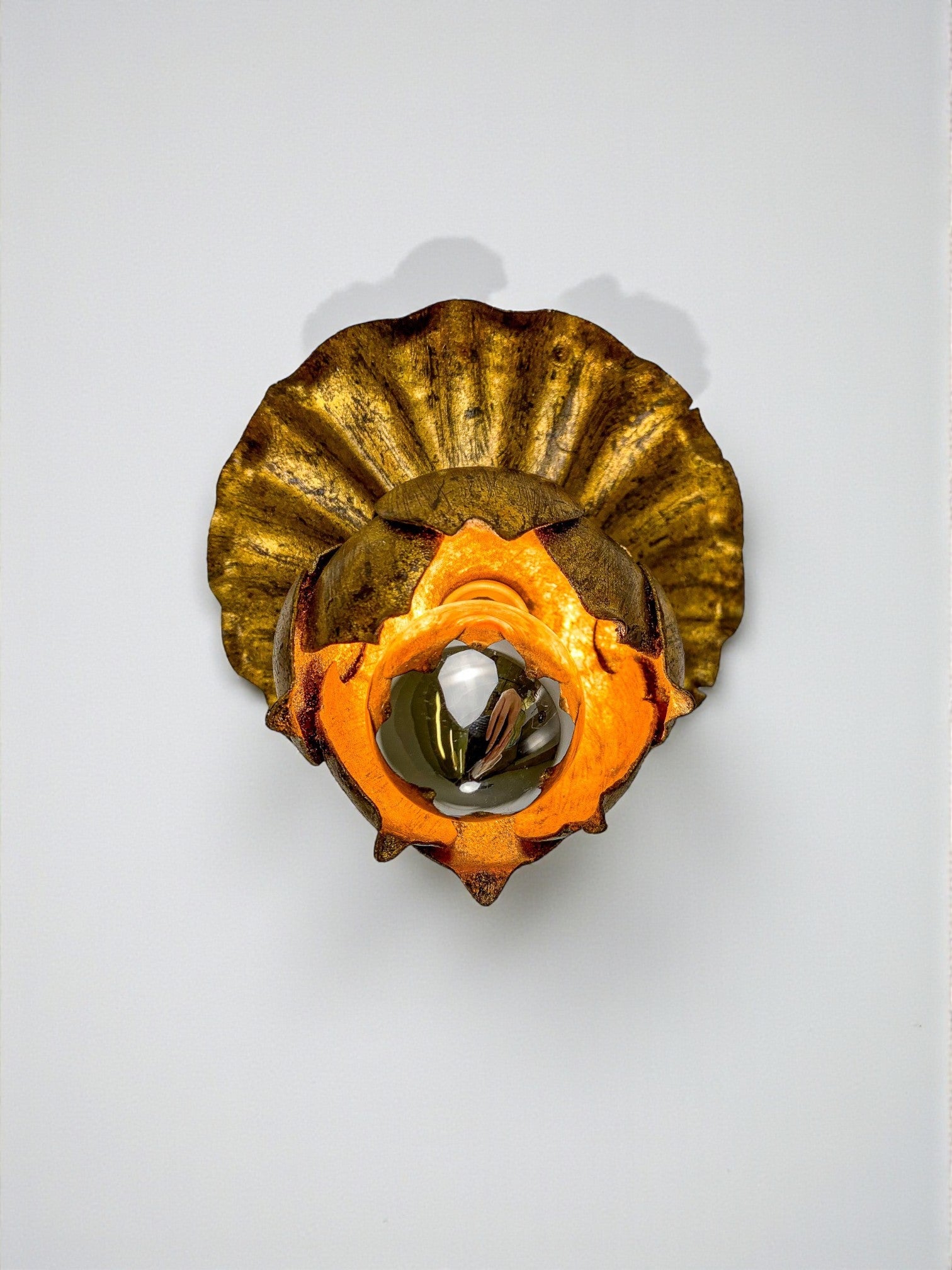 Pair of Embedded Flower Bud Wall ceiling light, Gold Leaf Gilded Iron, Spain, 1950s