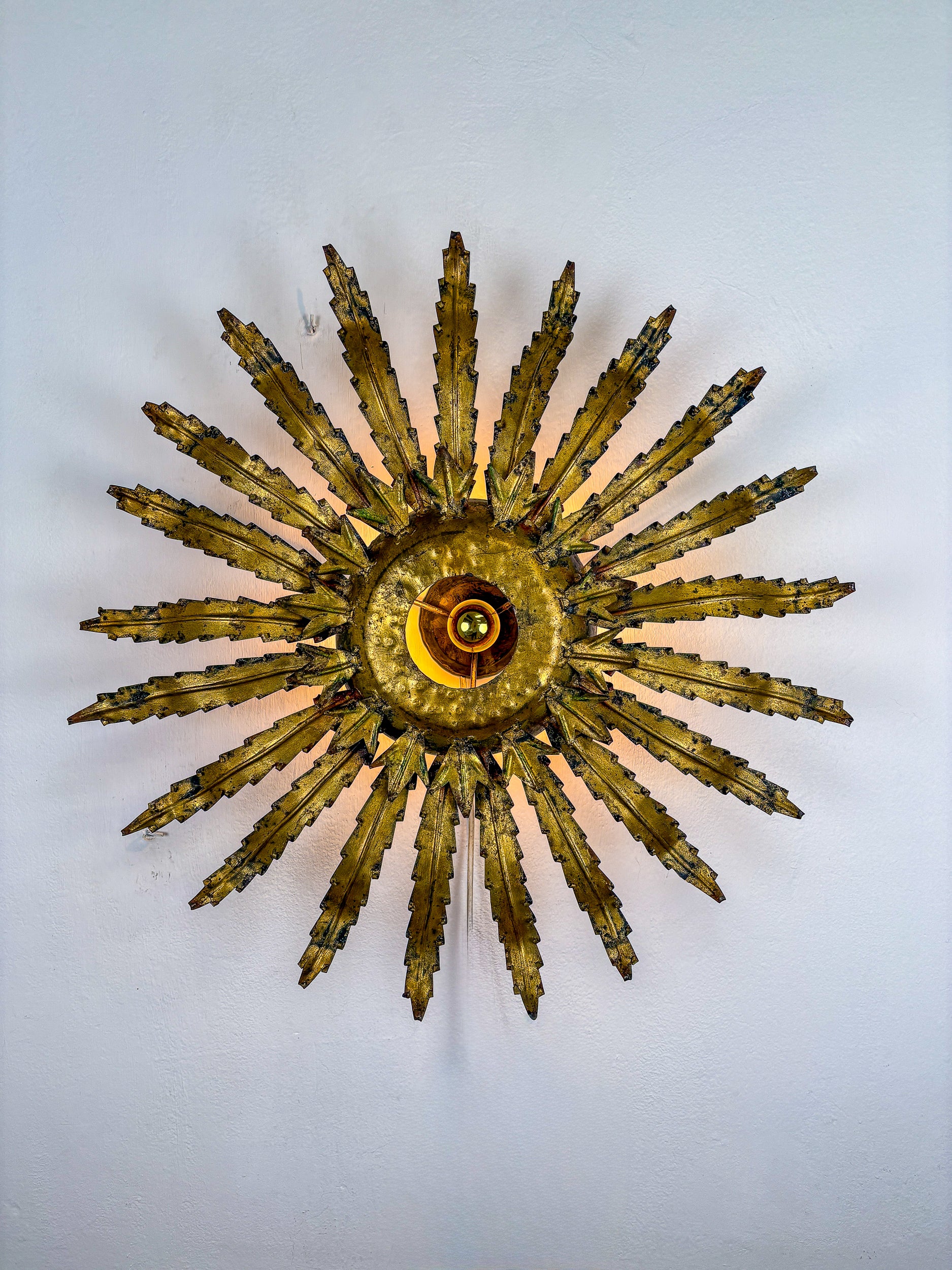 Large French Sunburst Flower Leafed Light Fixture in Gilt Metal, 1960's