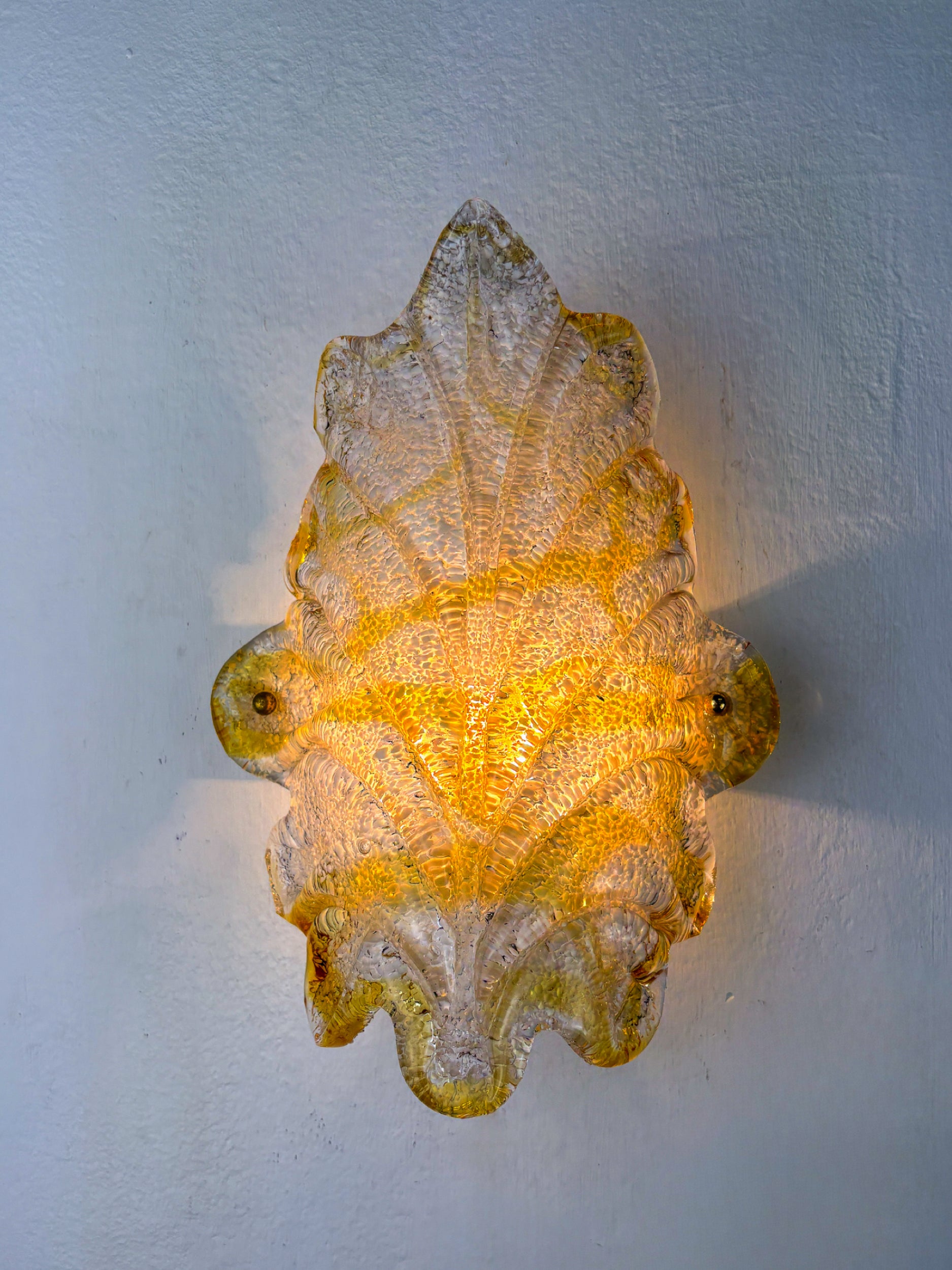 Orange Murano Frosted Leaf Sconce, Textured Glass & Gilt Details, Italy 1970s