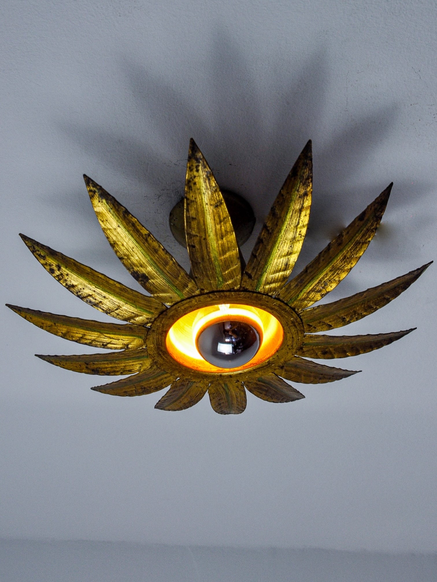 Midcentury Sunburst Floral Flush Mount Light Fixture, Gilt Iron, Spain, 1960's
