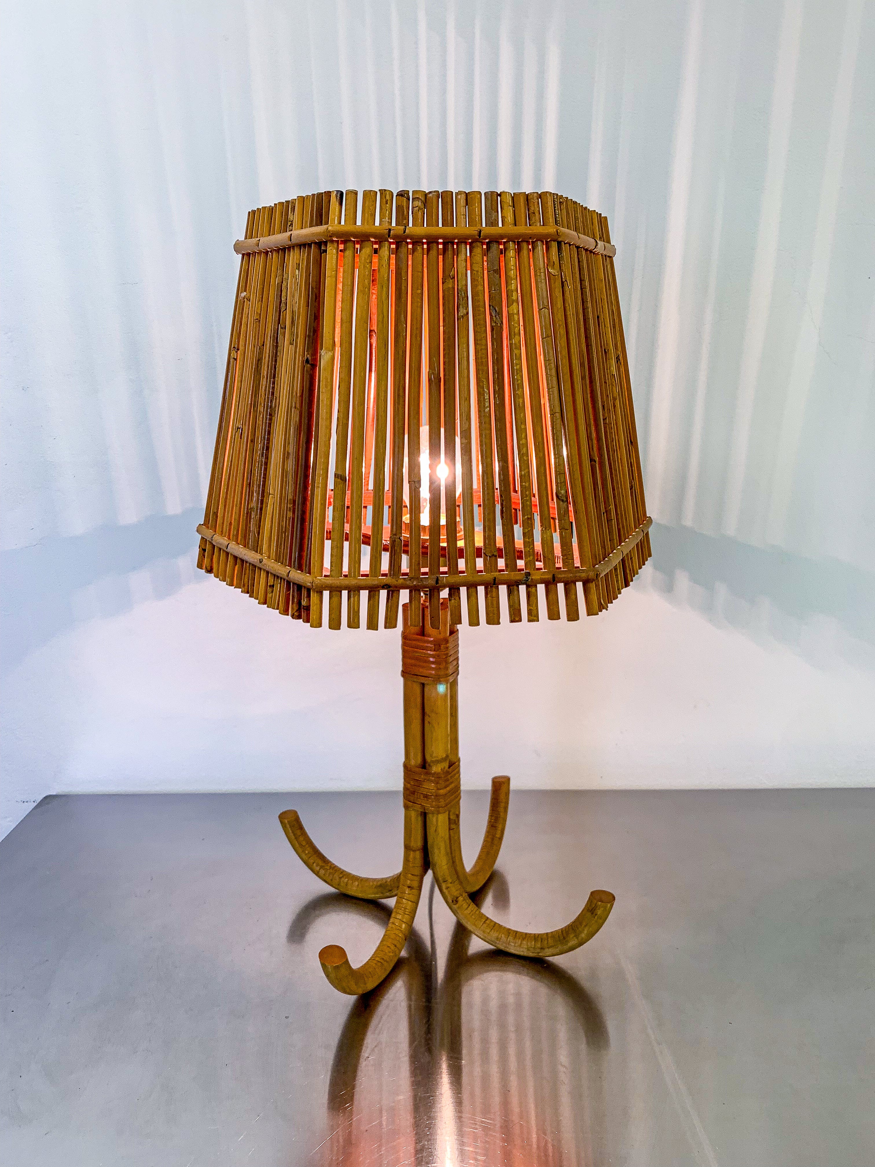 Large Louis Sognot French Bamboo & Rattan Table Lamp, France, 1960s
