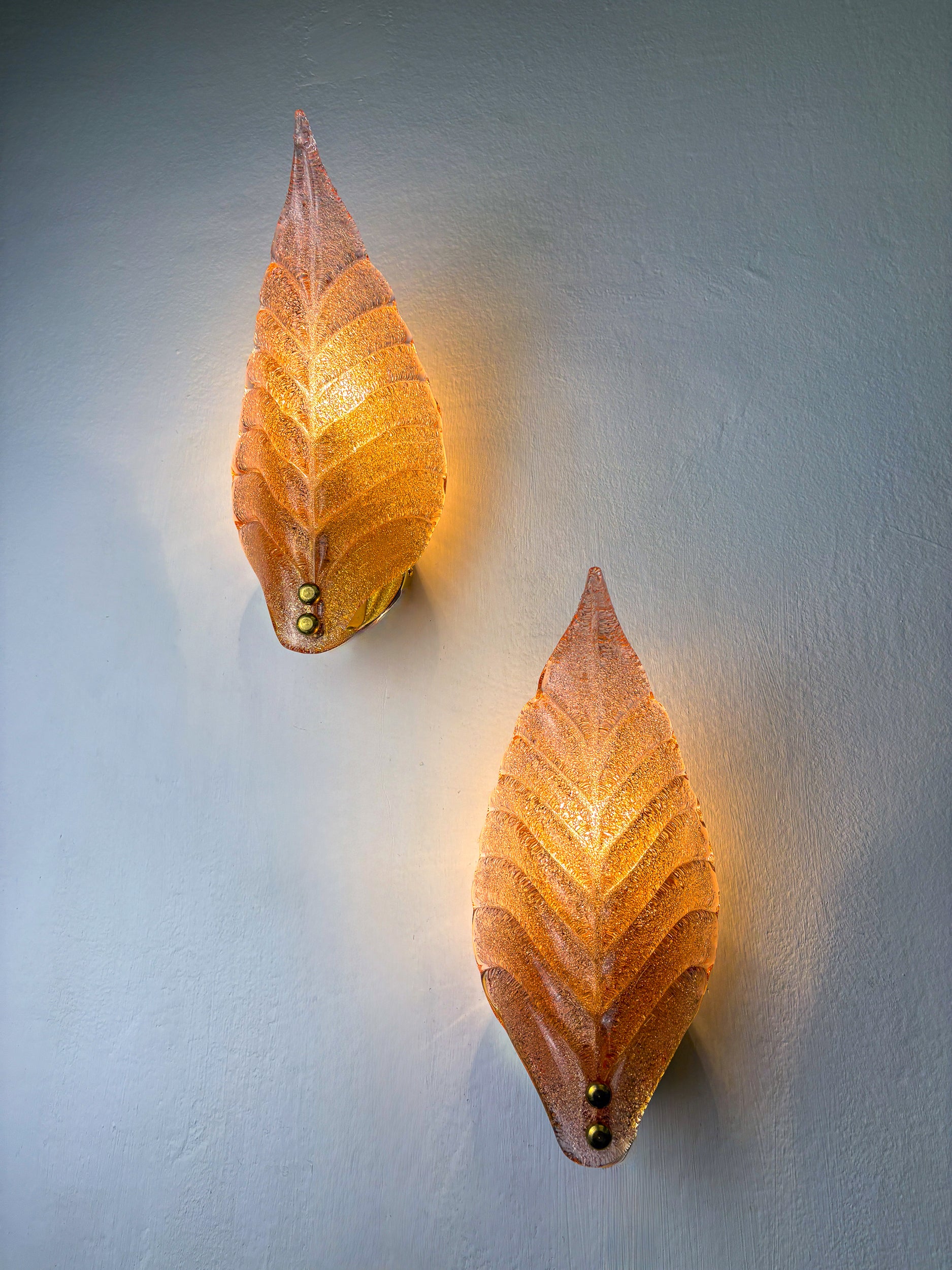 Pair of Barovier & Toso Leaf-Shaped Wall Sconces, Light Pink Murano Glass, Italy, 1960's