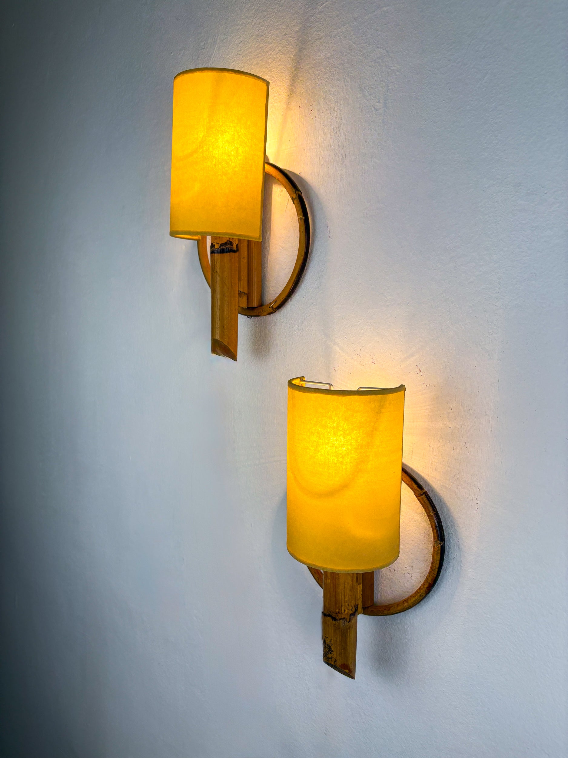 Pair of Mid-Century Rattan Wall Sconces, Italy, Circa 1960's