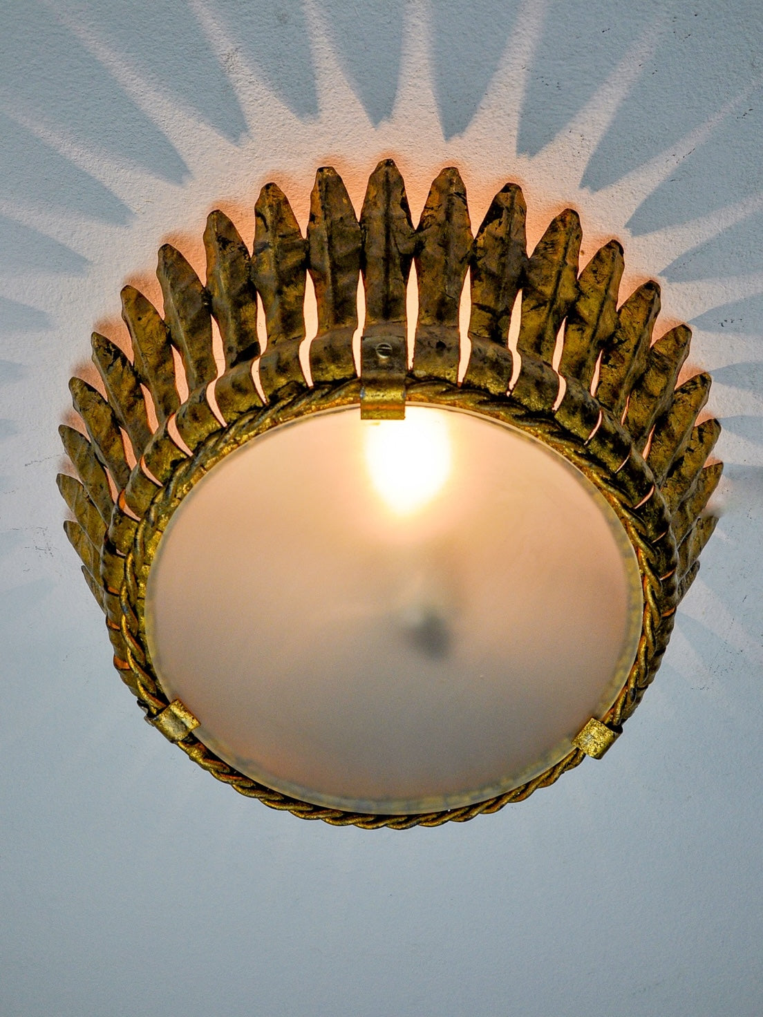 Sunburst Ceiling Light in Gilt Metal and Gold Leaf by Ferro Arte, Spain, 1960s