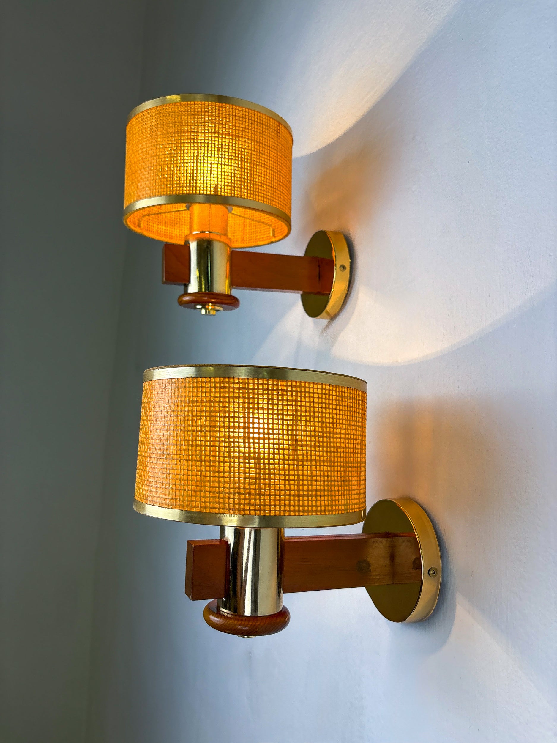Pair of Vintage Rattan & Wood Wall Sconces, Italy, Circa 1970's