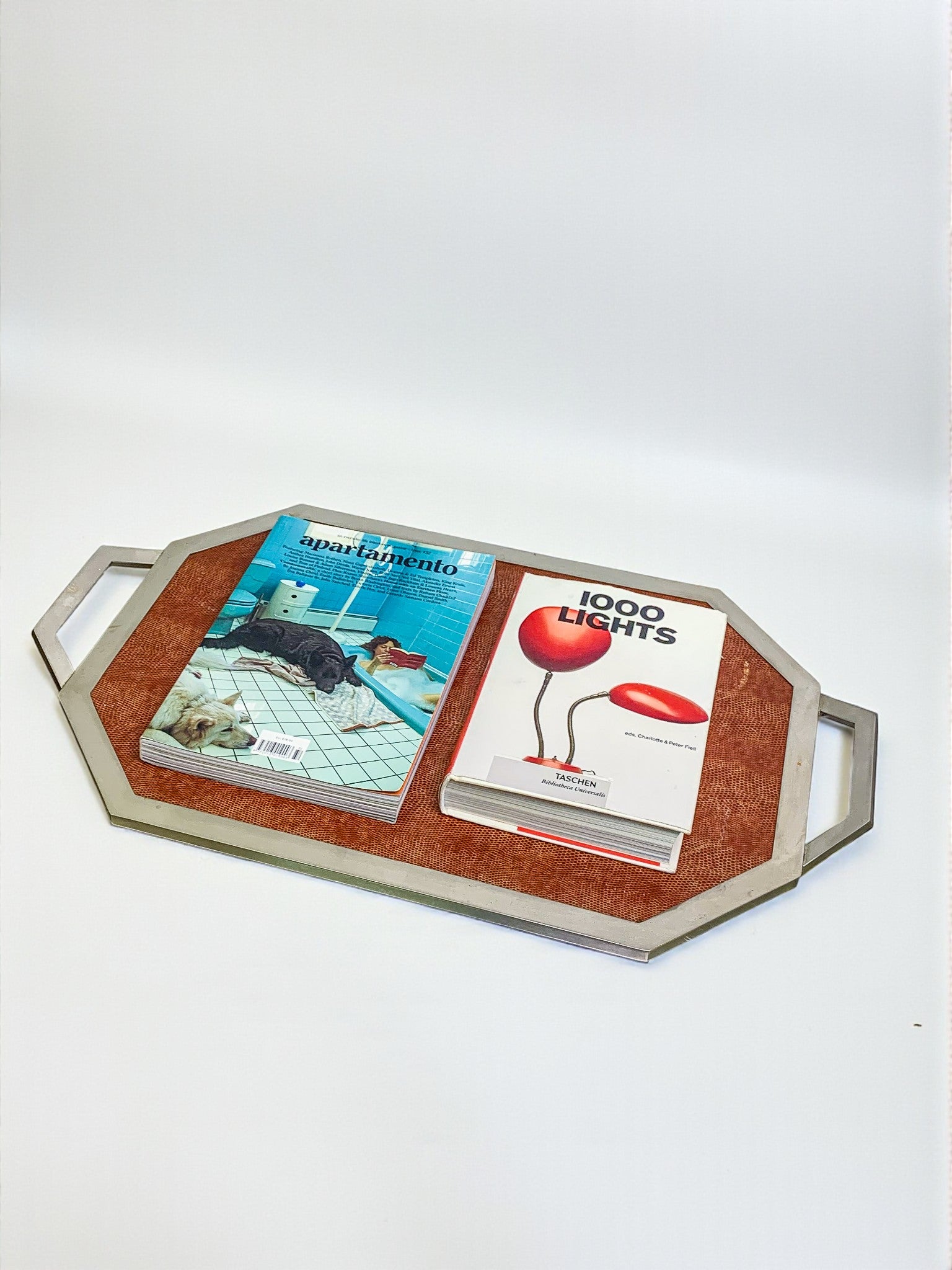 Dior Style Tray in Wood, Leather & Chromed Metal Frame, Italy, 1970s