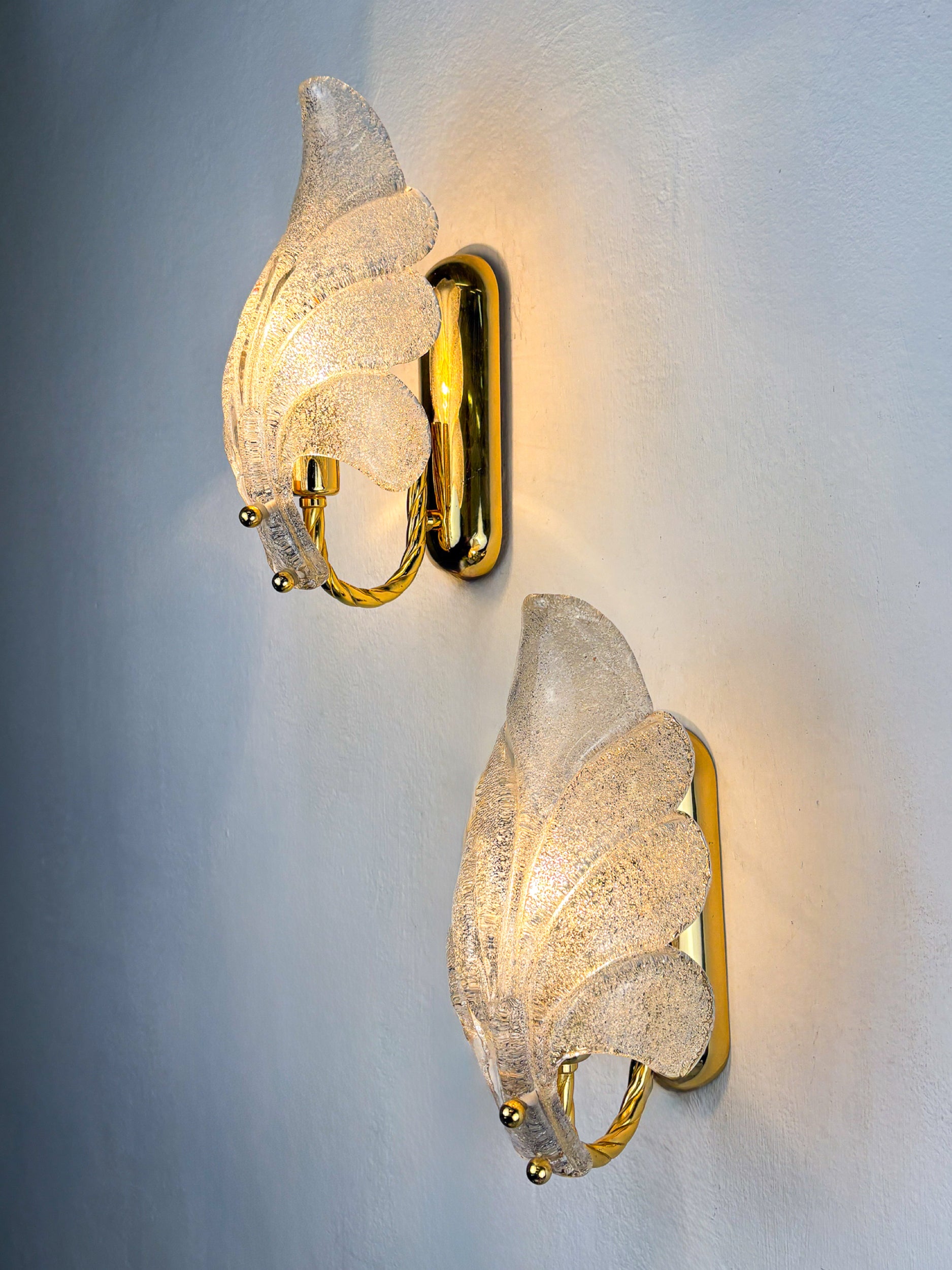 Pair of Murano Frosted Leaf Sconces, Textured Glass & Gilt Brass, Italy, 1970s