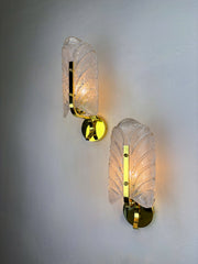 Pair of Murano Frosted Leaf Sconces, Textured Glass & Gilt Details, Circa 1970's