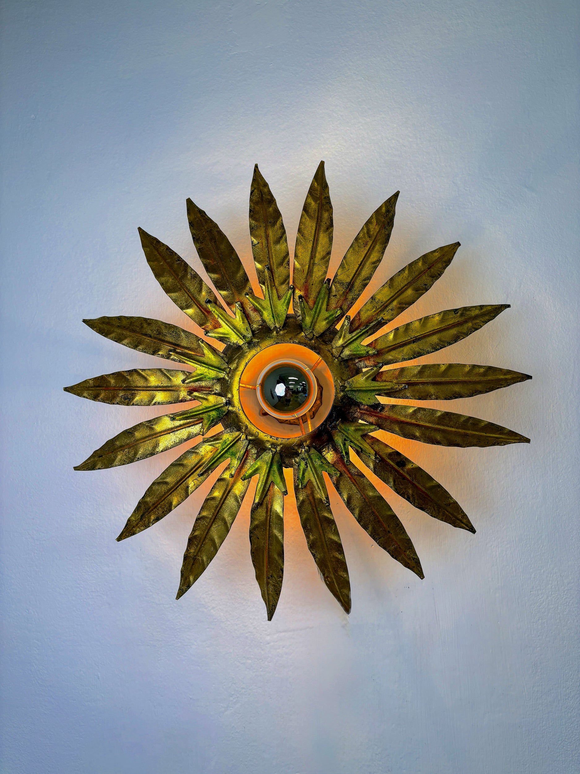 Mid-Century Modern Sunburst Light Fixture with Leaves, French Craftmanship, 1950's