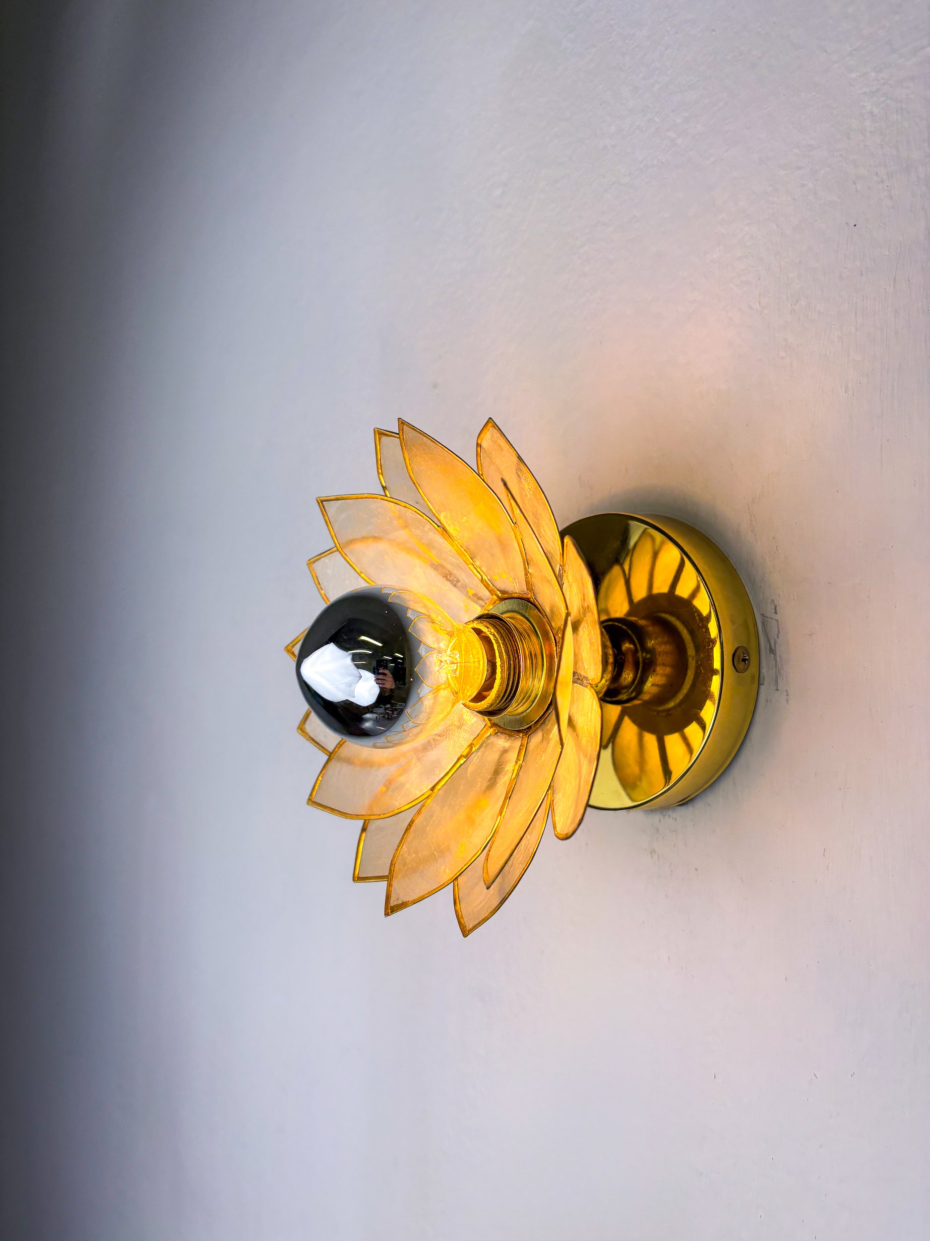 Lotus Flower Wall Sconce, Mother-of-Pearl Petals & Gilt Brass, Italy, 1970s