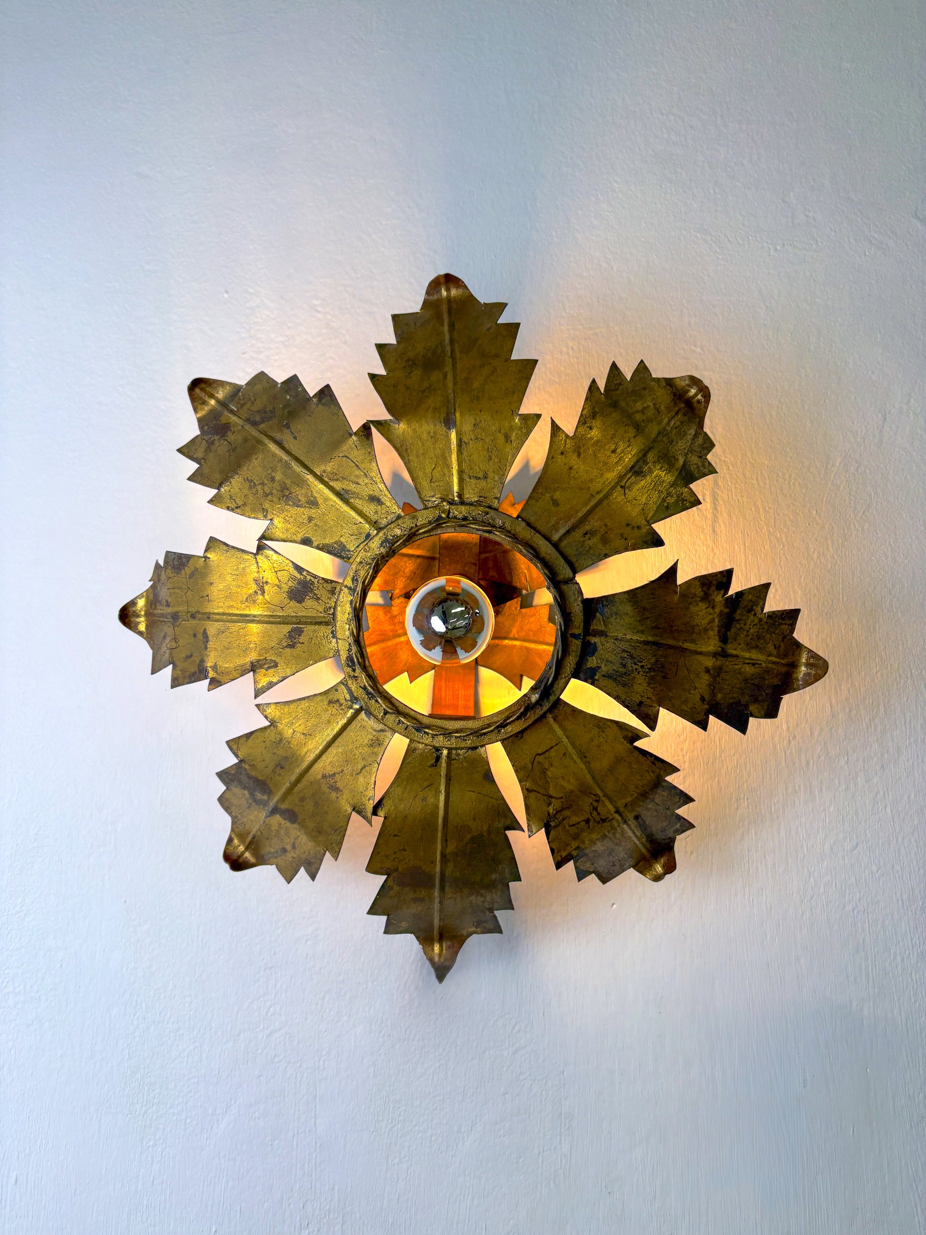 Spanish Sunburst Flush Mount Light Fixture in Gilt Iron, Circa 1970's