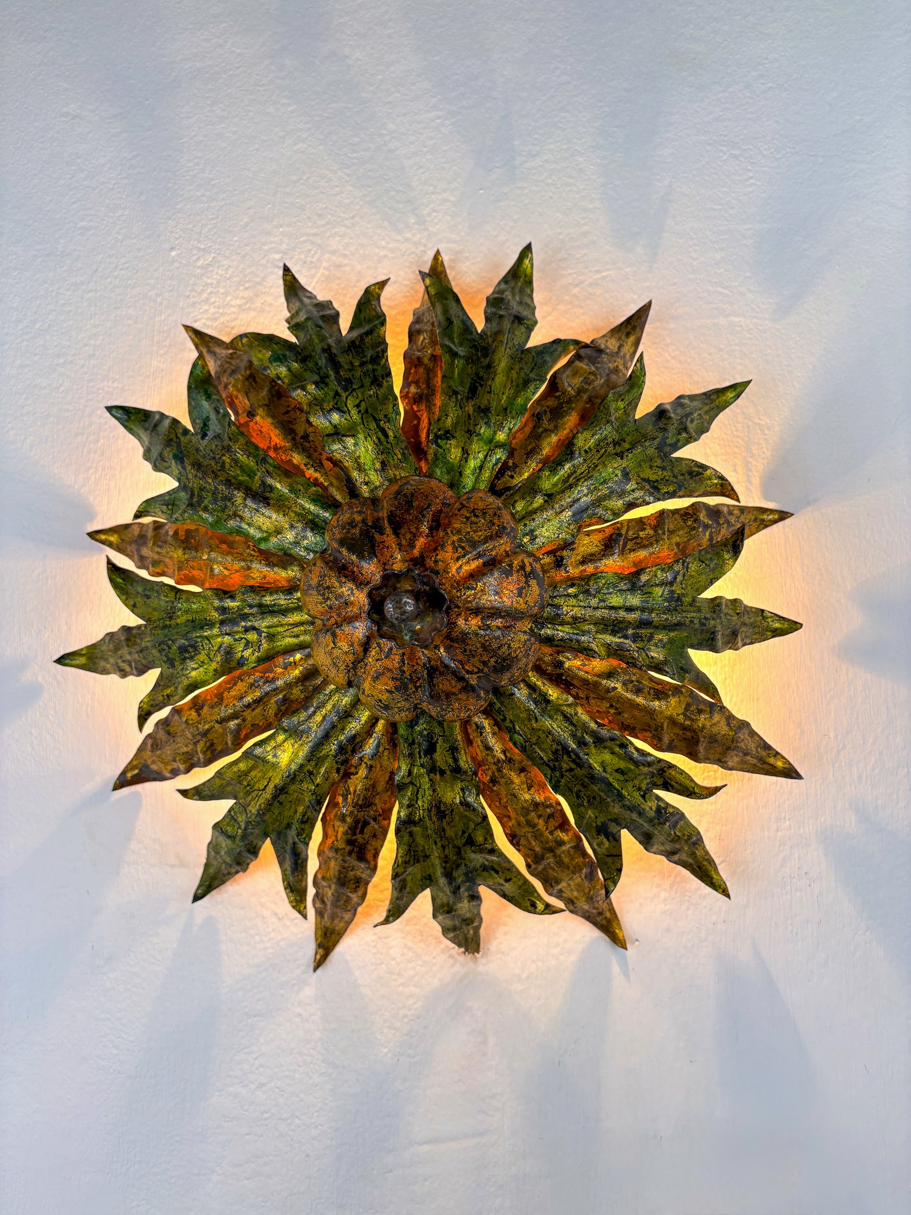 Mid-century Spanish Sunburst Foliage Ceiling Light Fixture or sconce, Green and Gilt Iron, 1950s