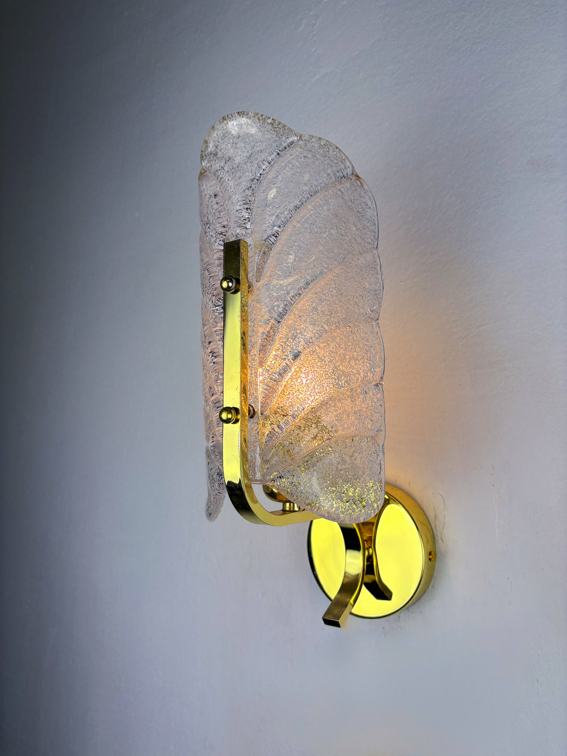 Mid-century Frosted Leaf Sconce, Textured Murano glass & Gilt Details, Circa 1960's