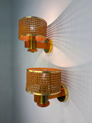 Pair of Vintage Rattan & Wood Wall Sconces, Italy, 1970's