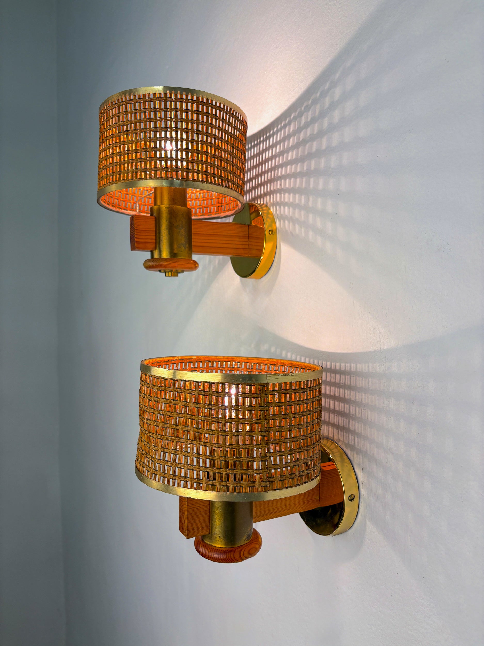 Pair of Vintage Rattan & Wood Wall Sconces, Italy, 1970's