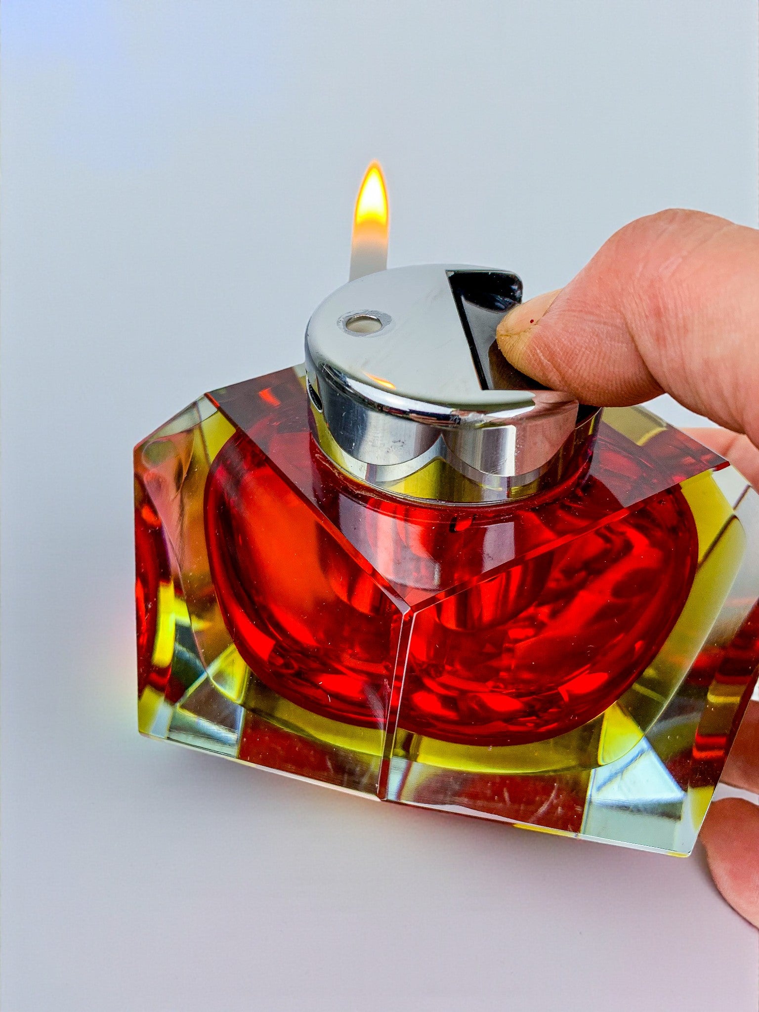 Italian Sommerso faceted Lighter by Flavio Poli, Red & Yellow Murano Glass, 1970's