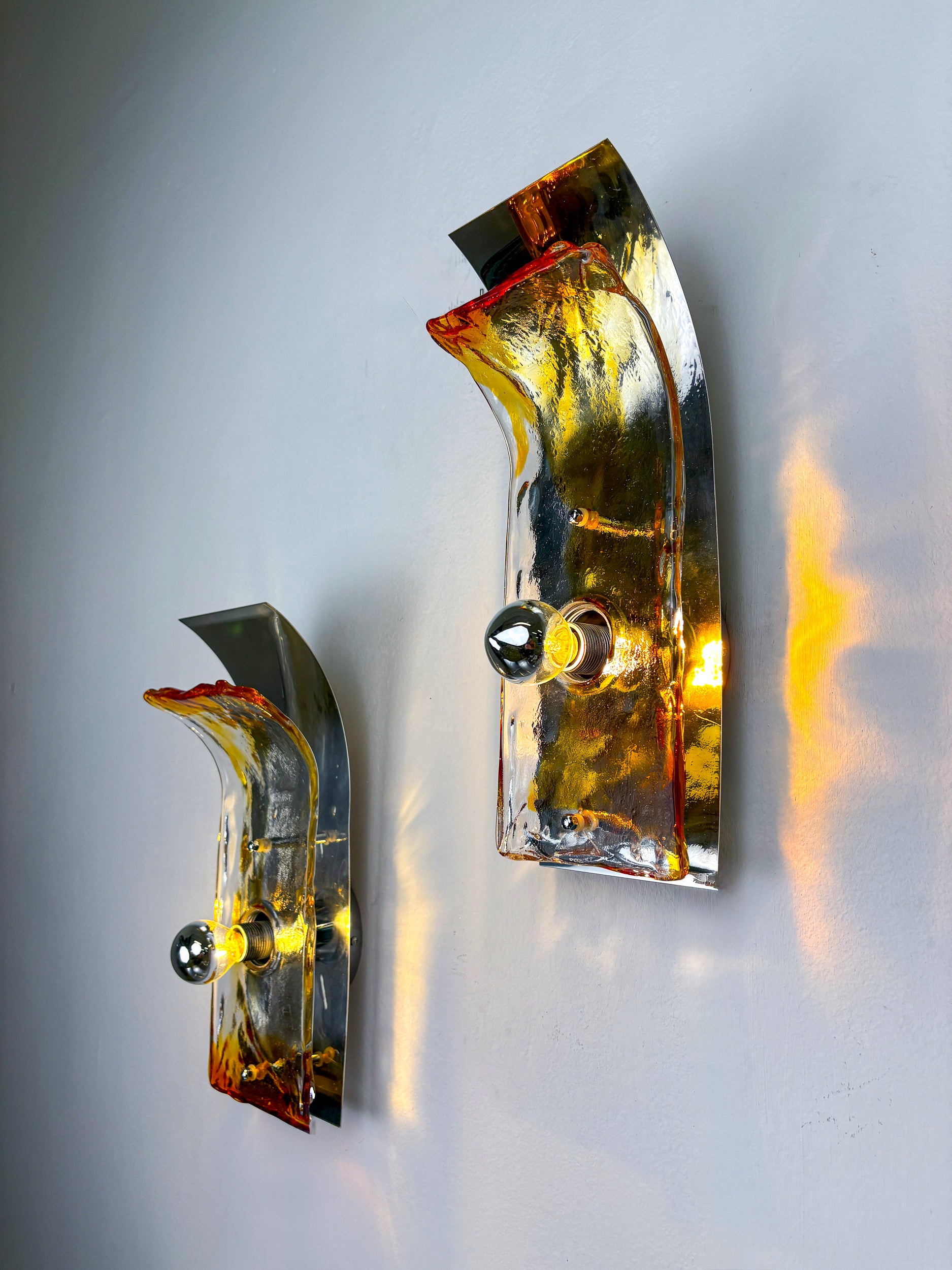 Pair of Murano Mazzega Orange & Clear Glass Wall Sconces, Italy, 1970s