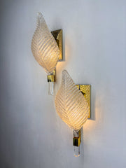 Pair of Leaf-Shaped Wall Sconces by Barovier & Toso, Murano Glass, Italy 1950s