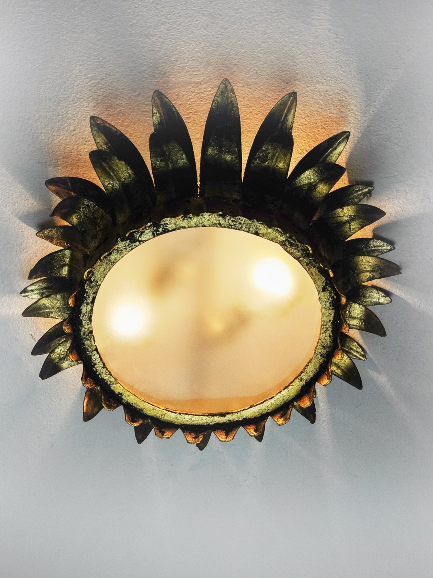 1960s Spanish Gilt Iron Sunburst Flush Mount Ceiling Light by Ferro Art