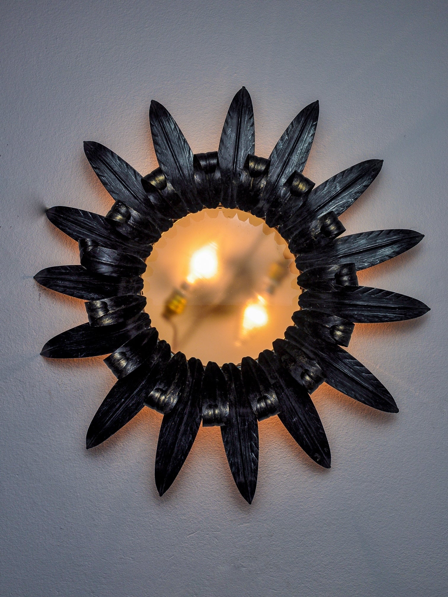 Large Sunburst Ceiling Light in Silvered Metal Leaves by Ferro Arte, Spain, 1960s