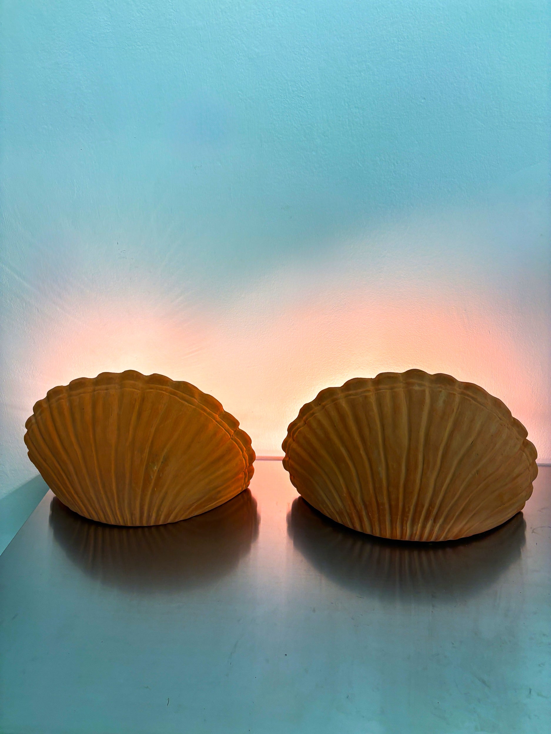 Pair of vintage italian Shell Wall sconces, large terracota sculptures, 1980's