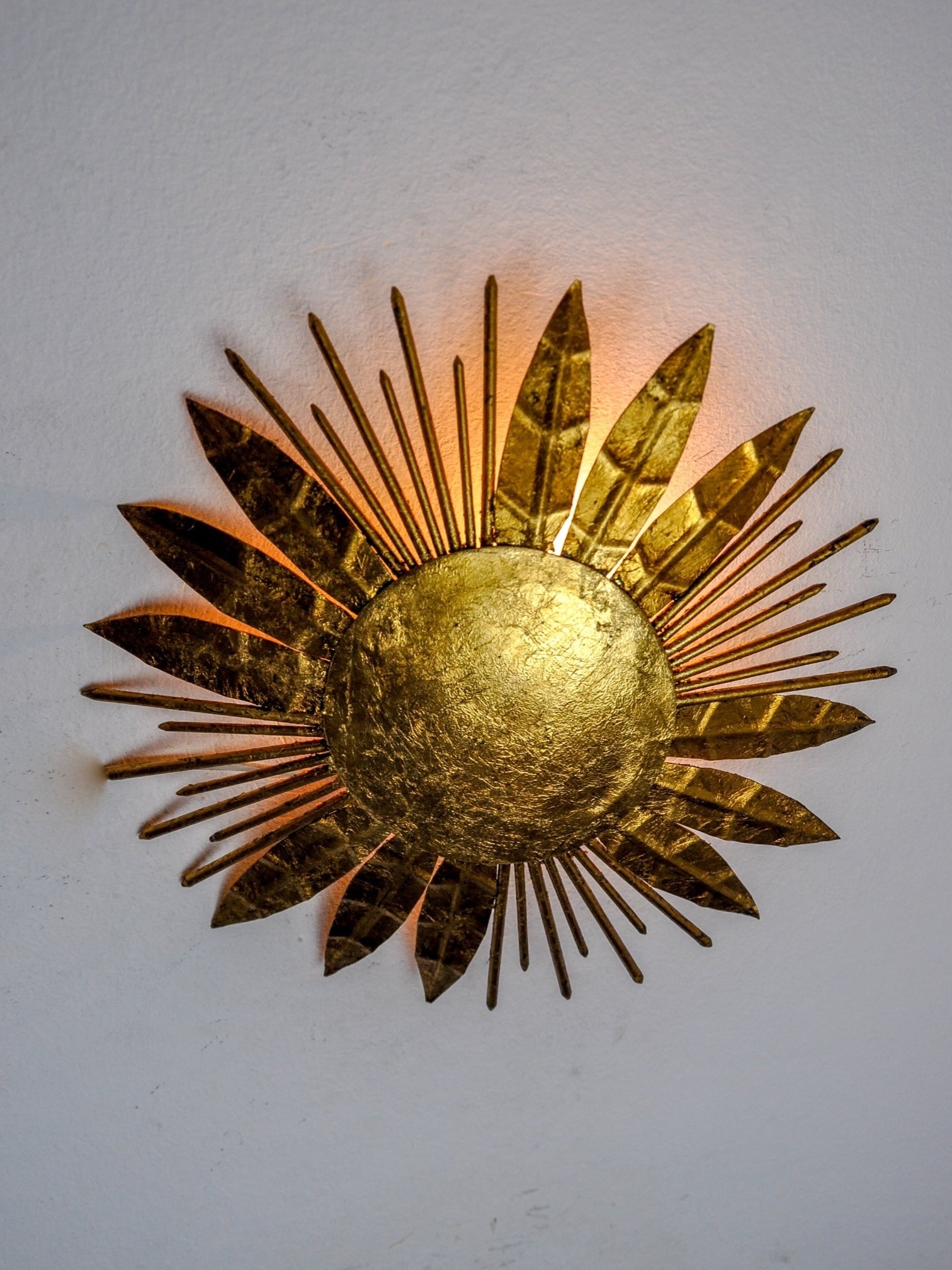 Brutalist sunburst flush mount light fixture, gold leaf gilded metal, Italy, 1970