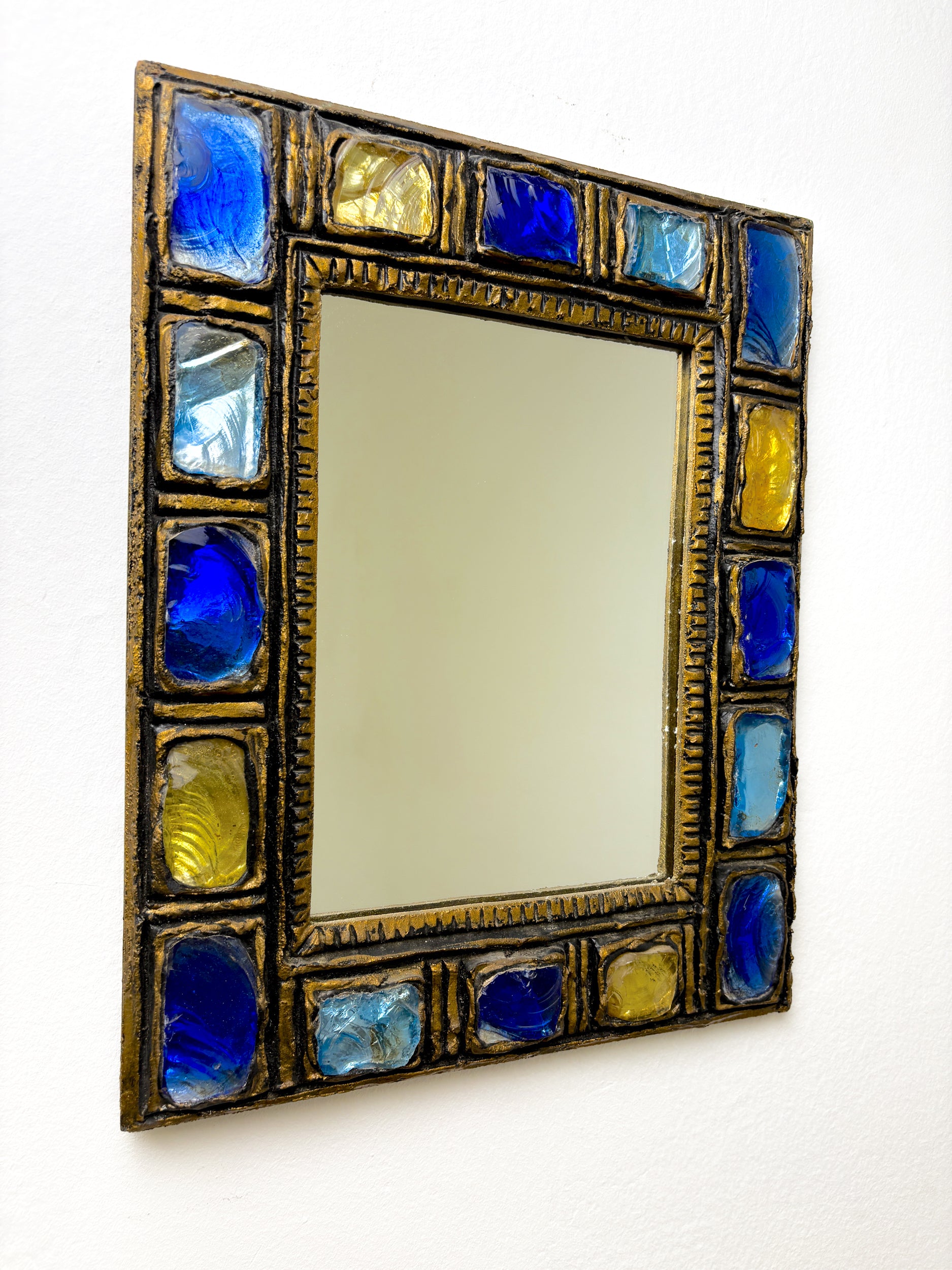 Italian Mid-Century Mirror by Creaciones Gobesso, Blue & Yellow Murano Rock Crystals, Circa 1960's