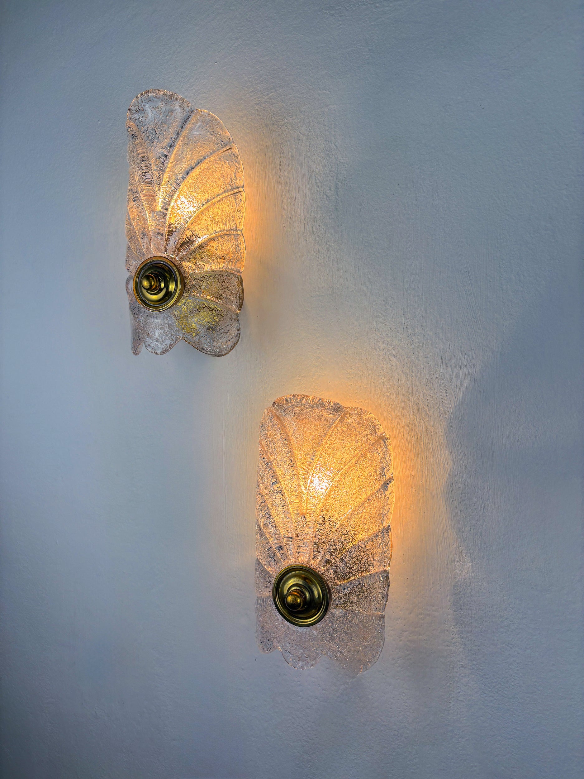 Pair of Murano Frosted Leaf Sconces, Textured Glass & Gilt Details, Italy 1970's
