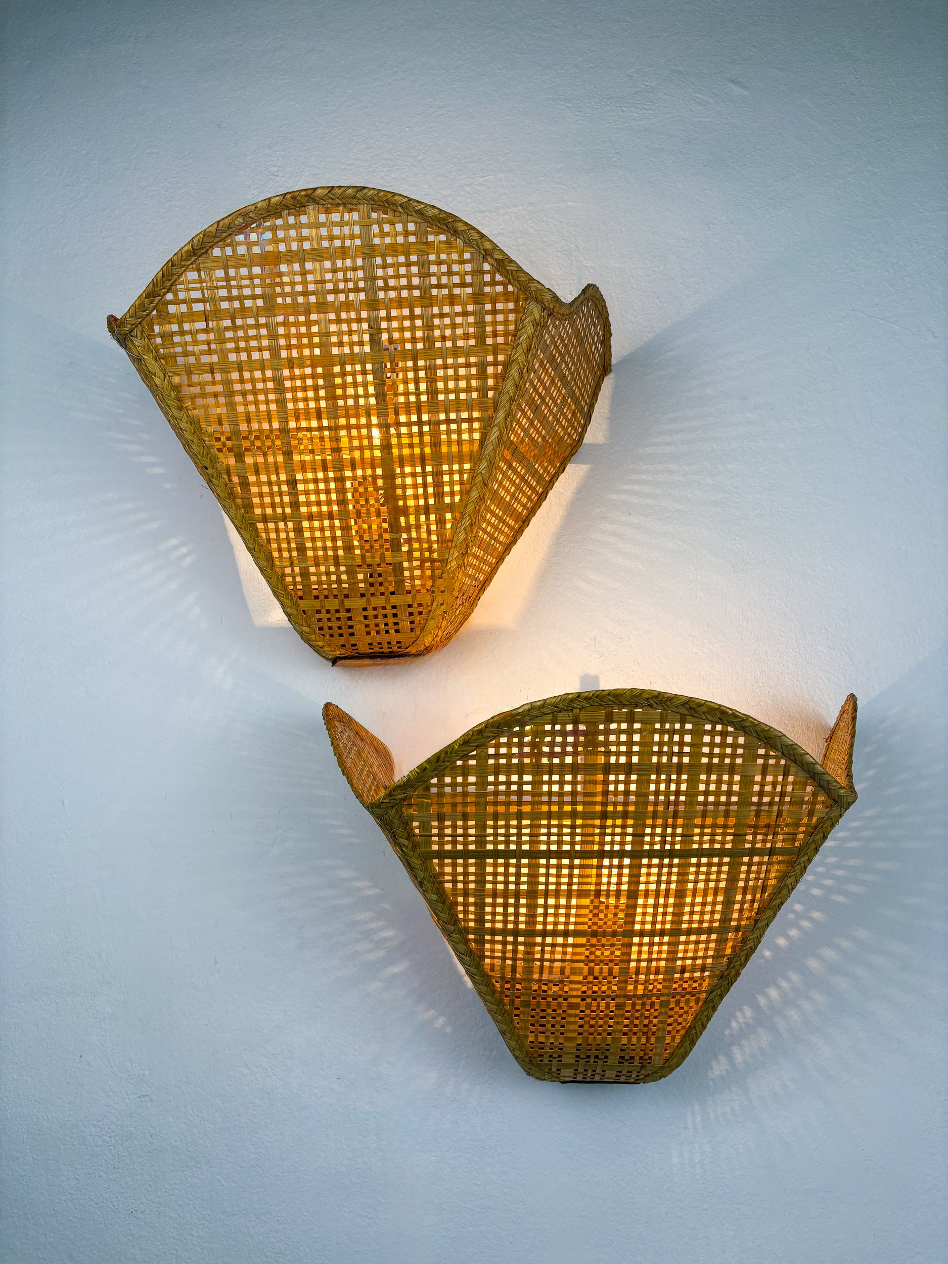 Pair of Scalloped Rattan Wall Sconces,  Sourced in Spain, 1980's