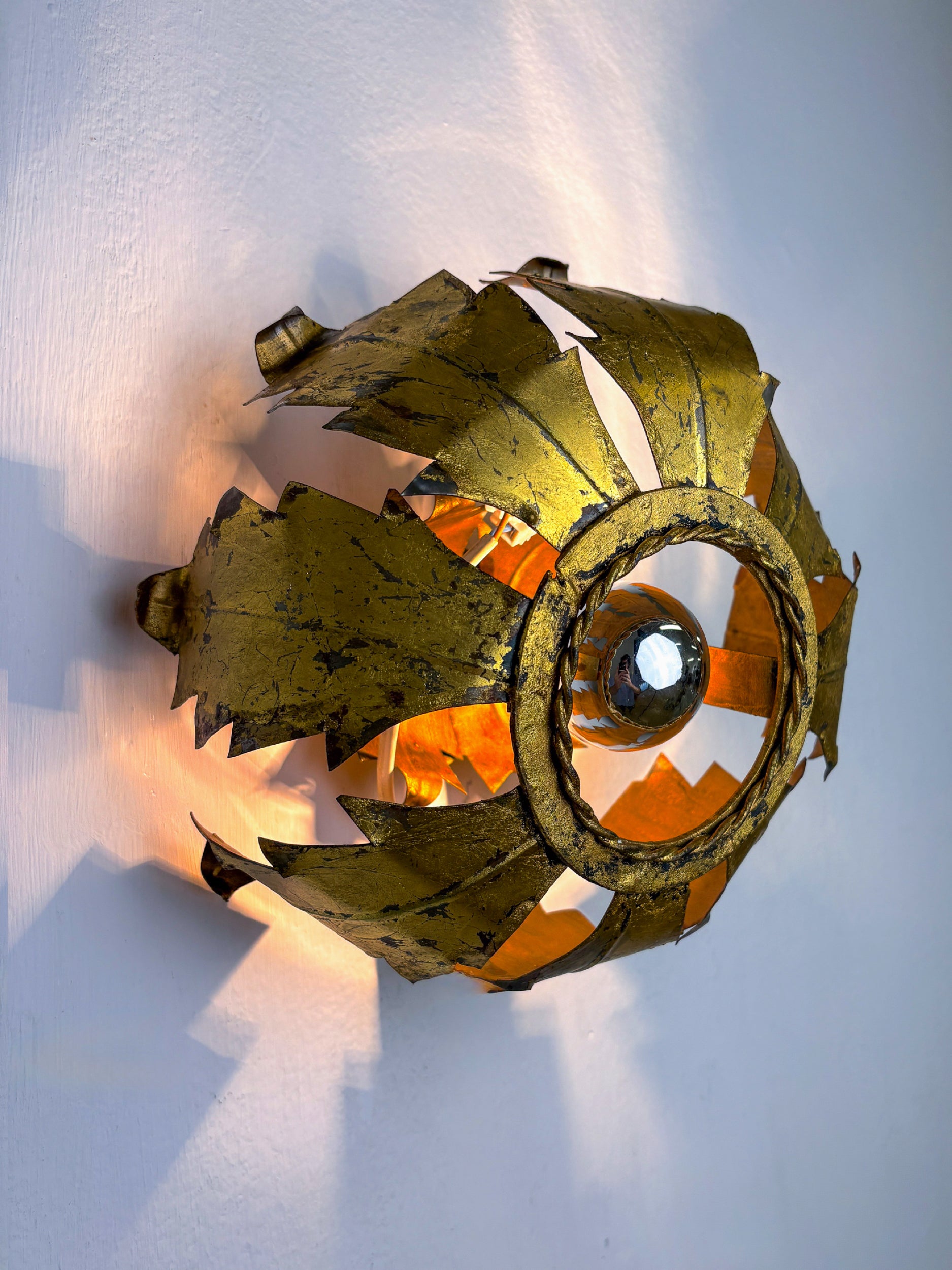Spanish Sunburst ceiling light fixture or sconce in Gilt Iron, 1970's