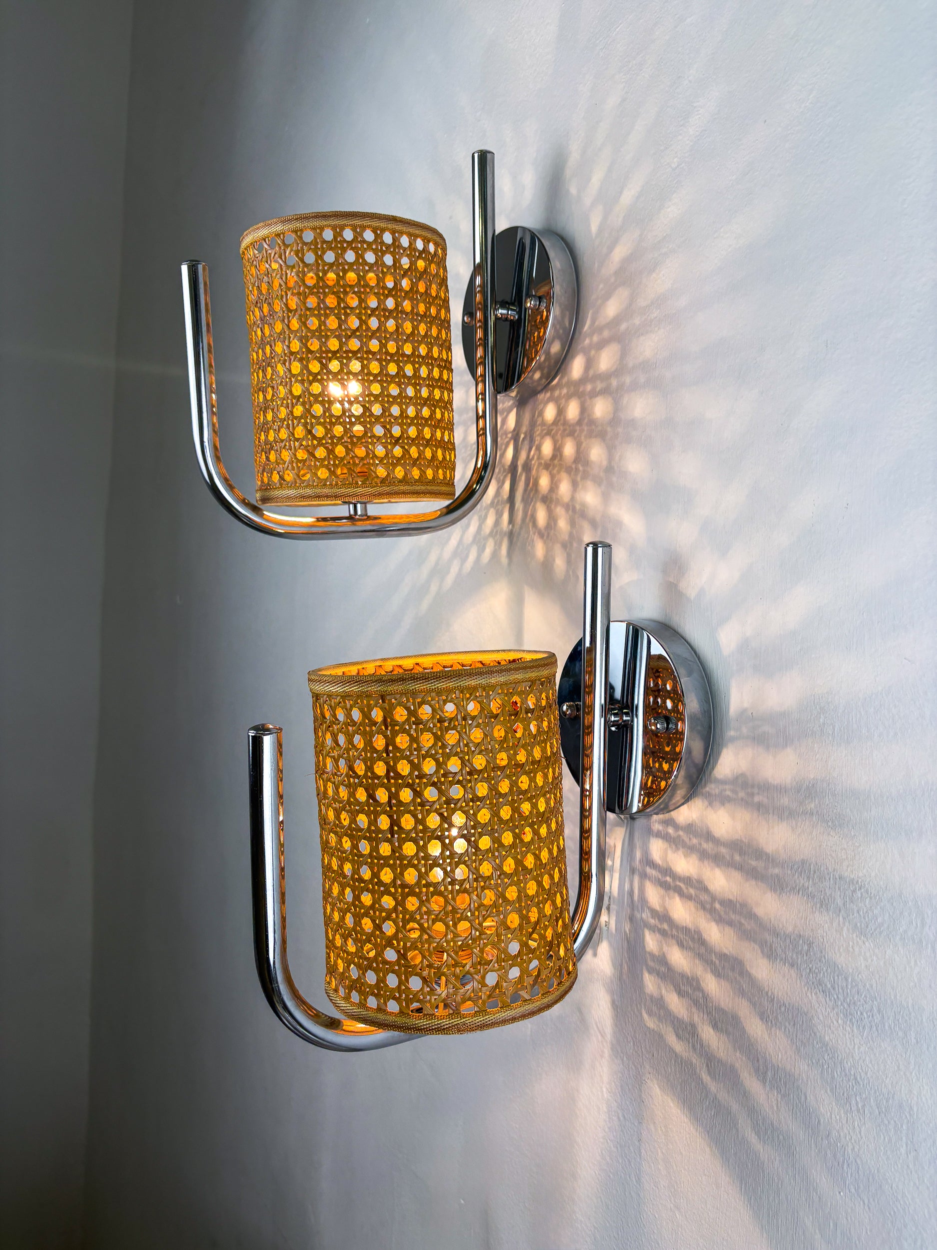 Pair of Vintage Rattan & Chrome Wall Lights, Italy, 1970's