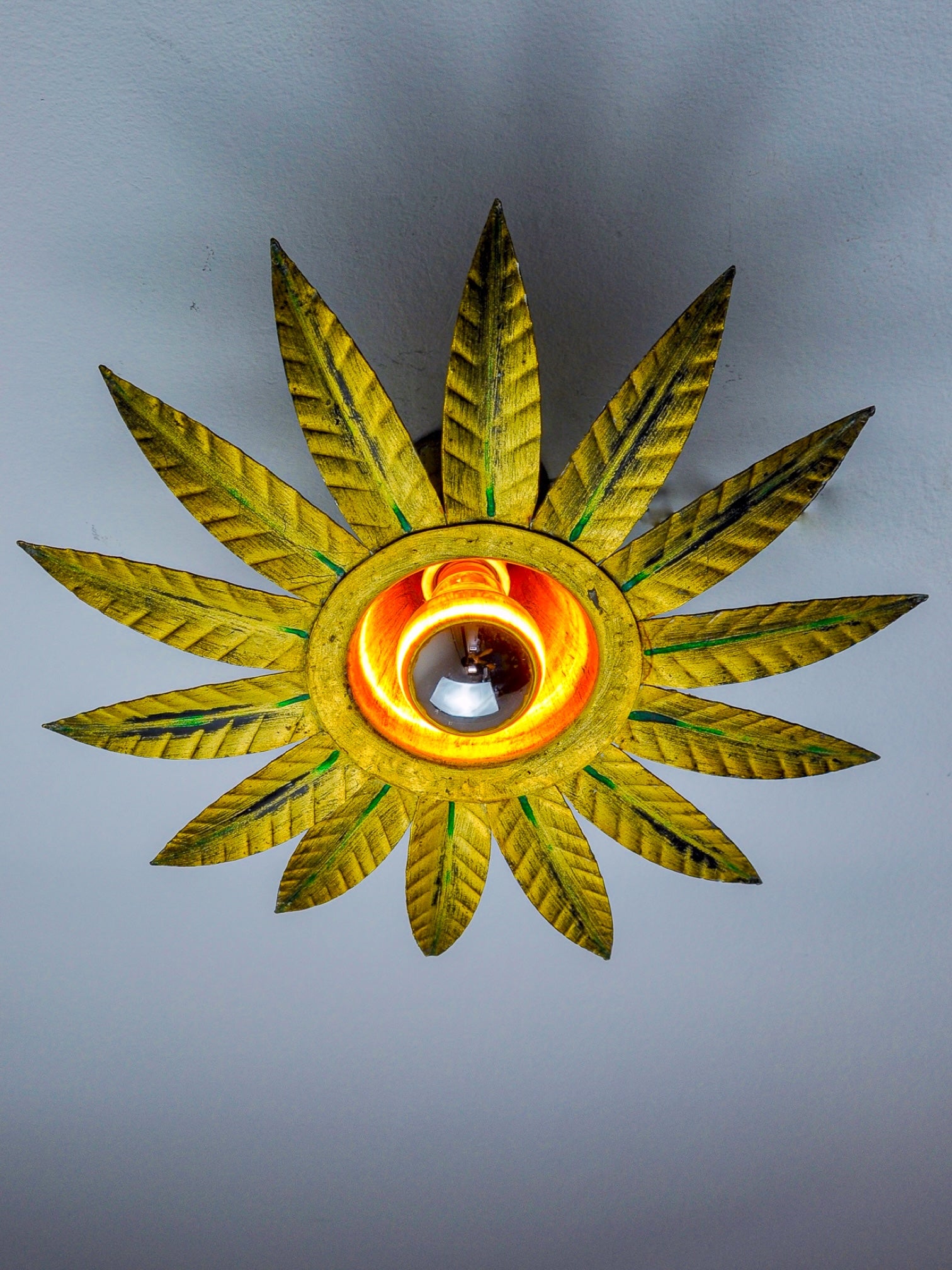 Mid-Century Spanish Sunburst Flush Mount Light in Gold Iron by Ferro Art