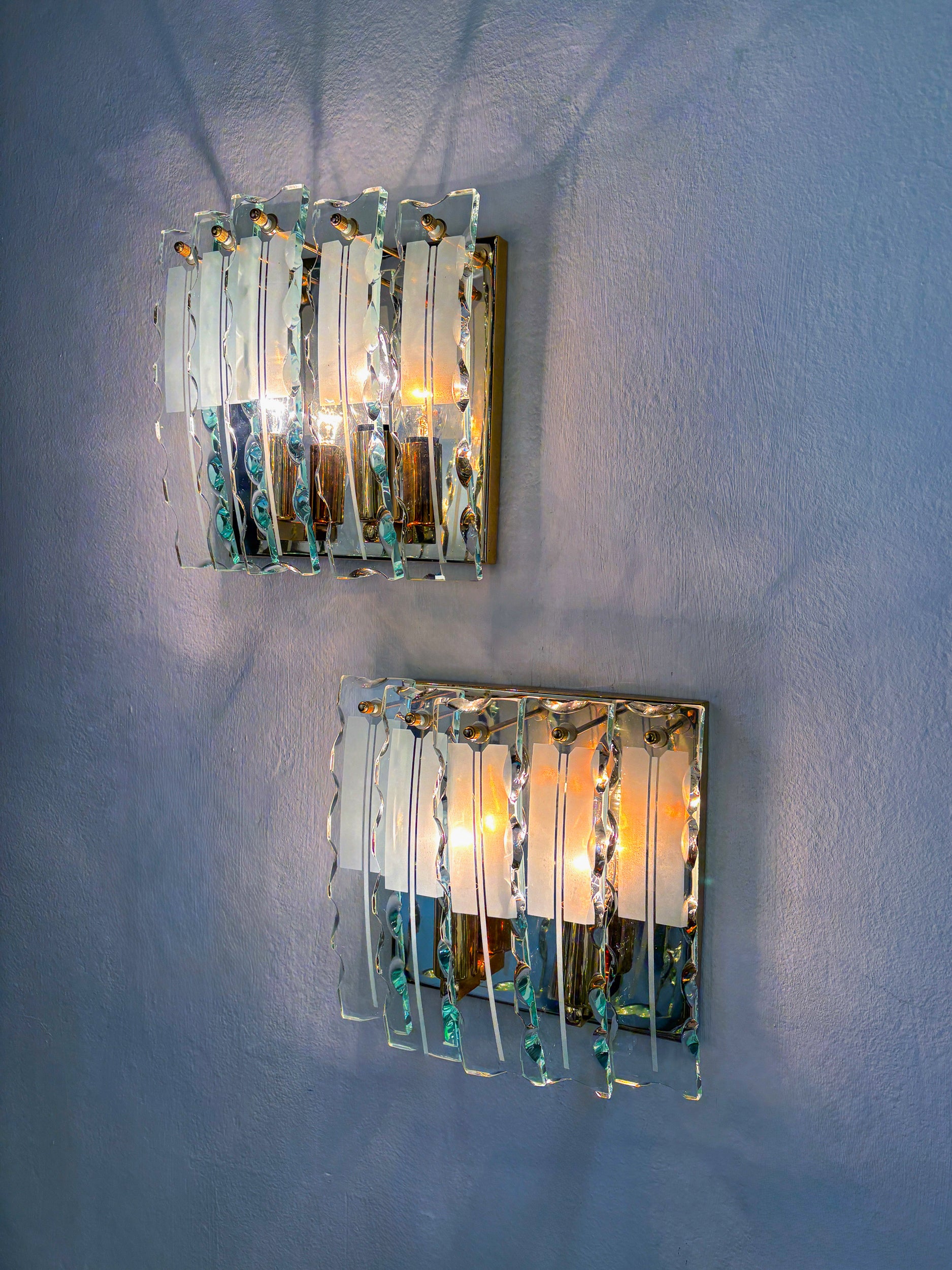 Pair of Zero Quattro Sconces by Fontana Arte, Murano Cut Glass, Italy, Circa 1970's