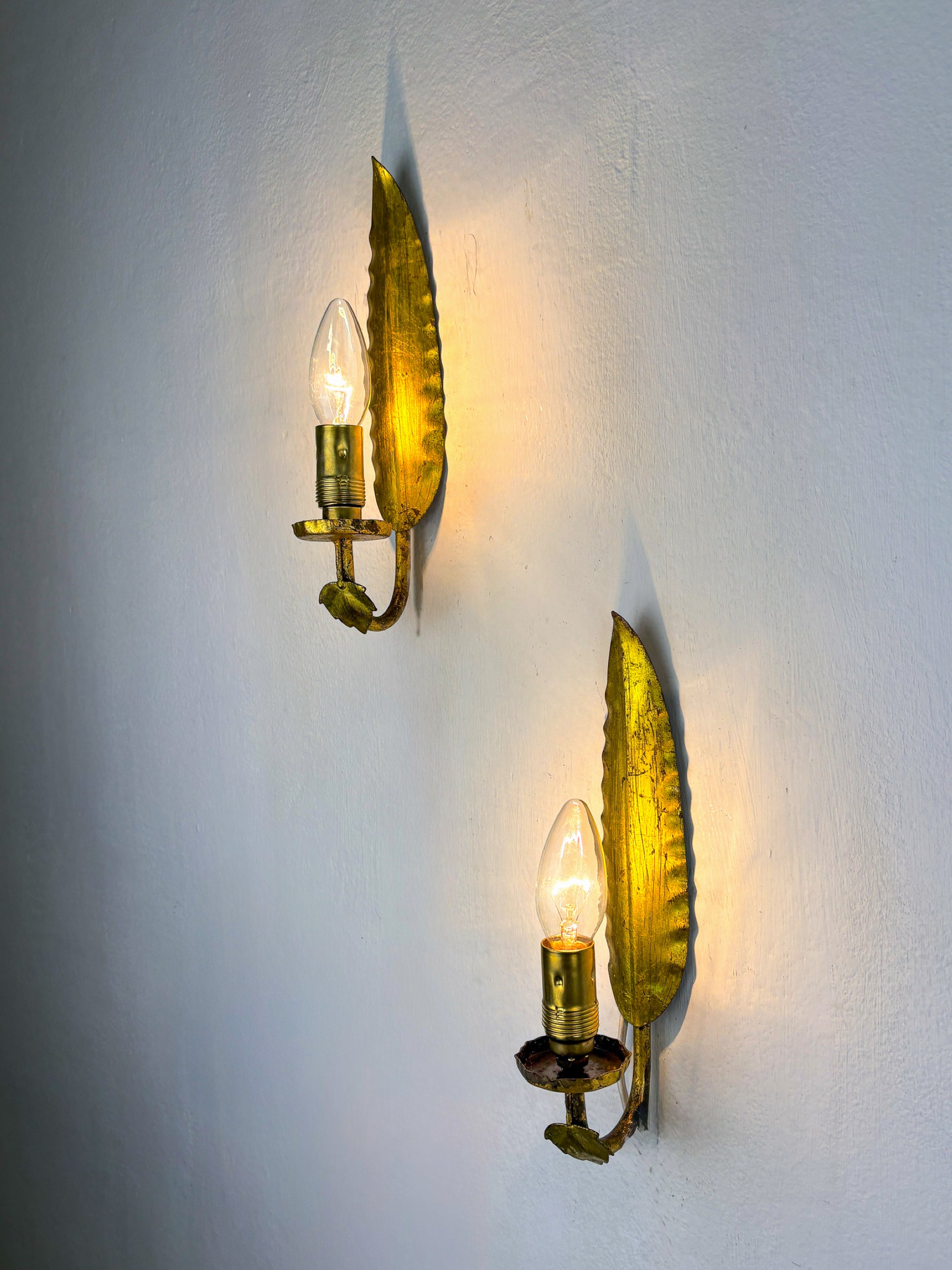 Pair of Spanish Foliage Wall Sconces, Leaf Arms & Bud Shades, Gilt Iron, 1970's