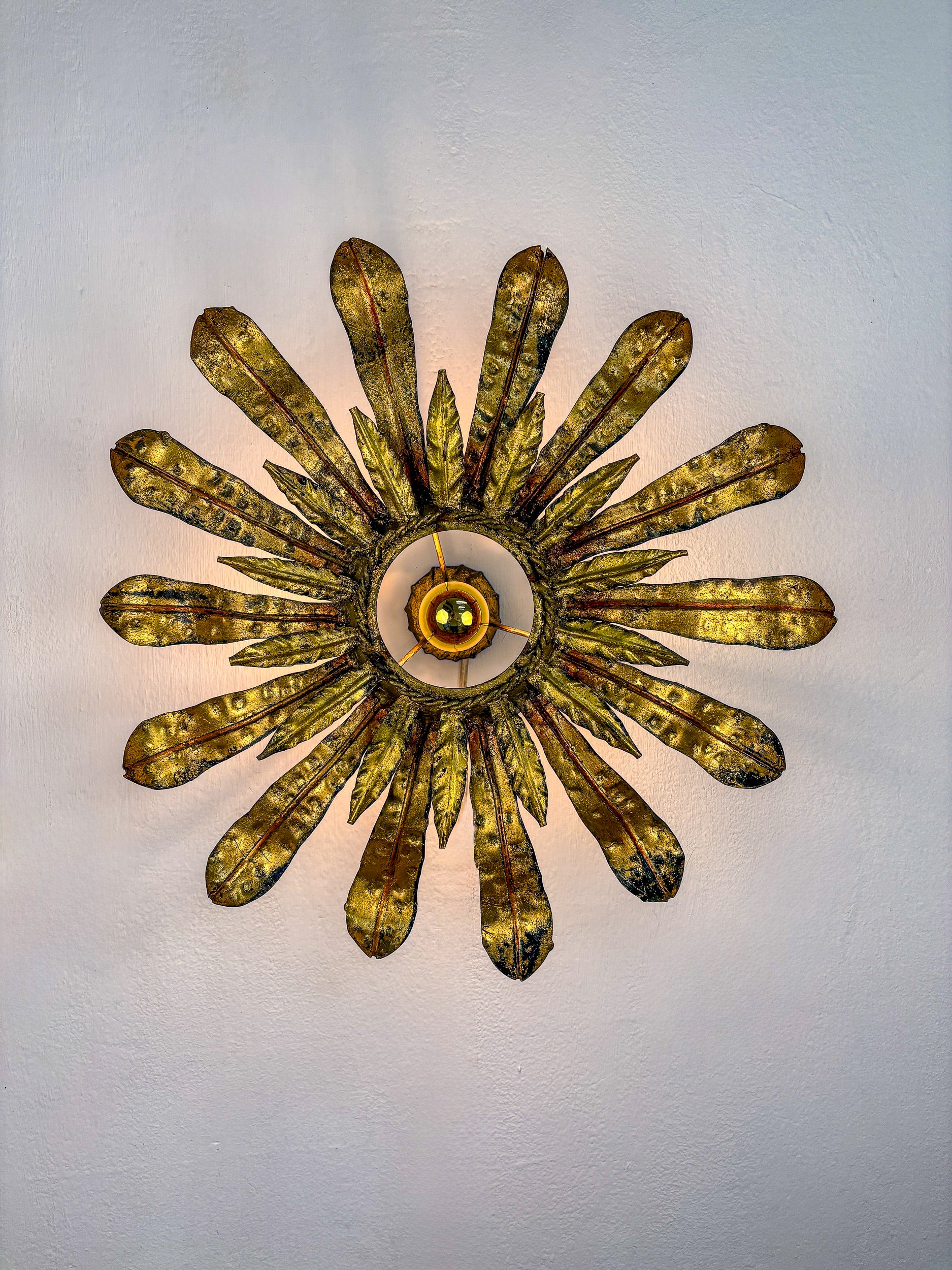 Large Spanish Sunburst Flower Leafed Light Fixture in Gilt Metal, 1960's