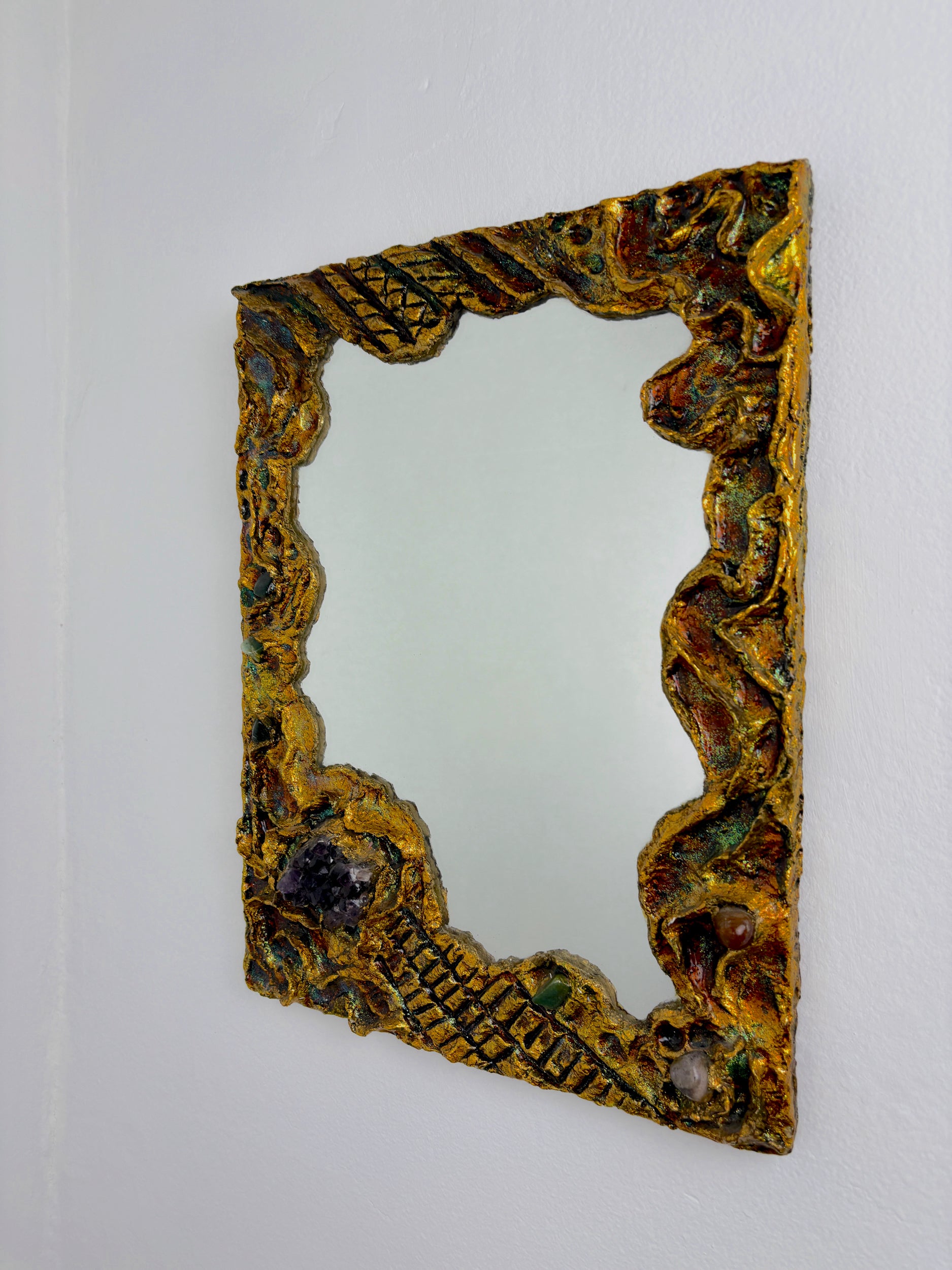 Italian Brutalist Resin and Stones Mirror, 1970's