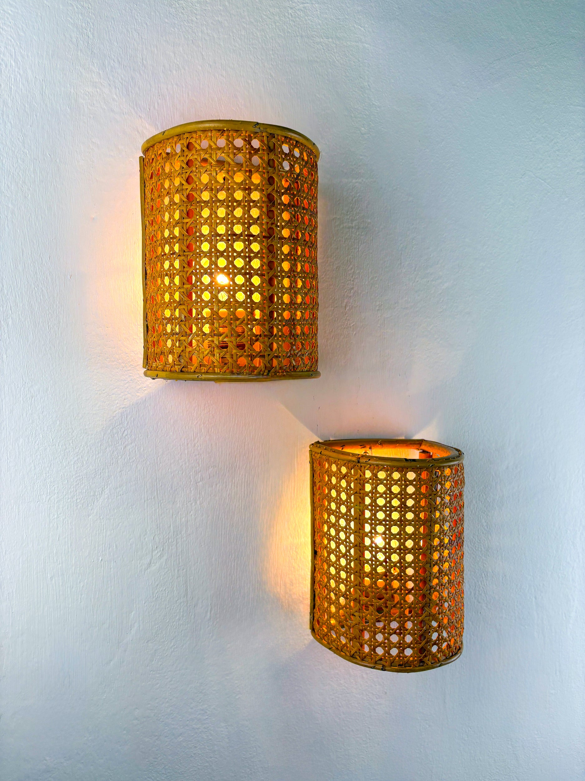 Pair of Midcentury Woven Wicker & Rattan Wall Sconces – Italy 1960s