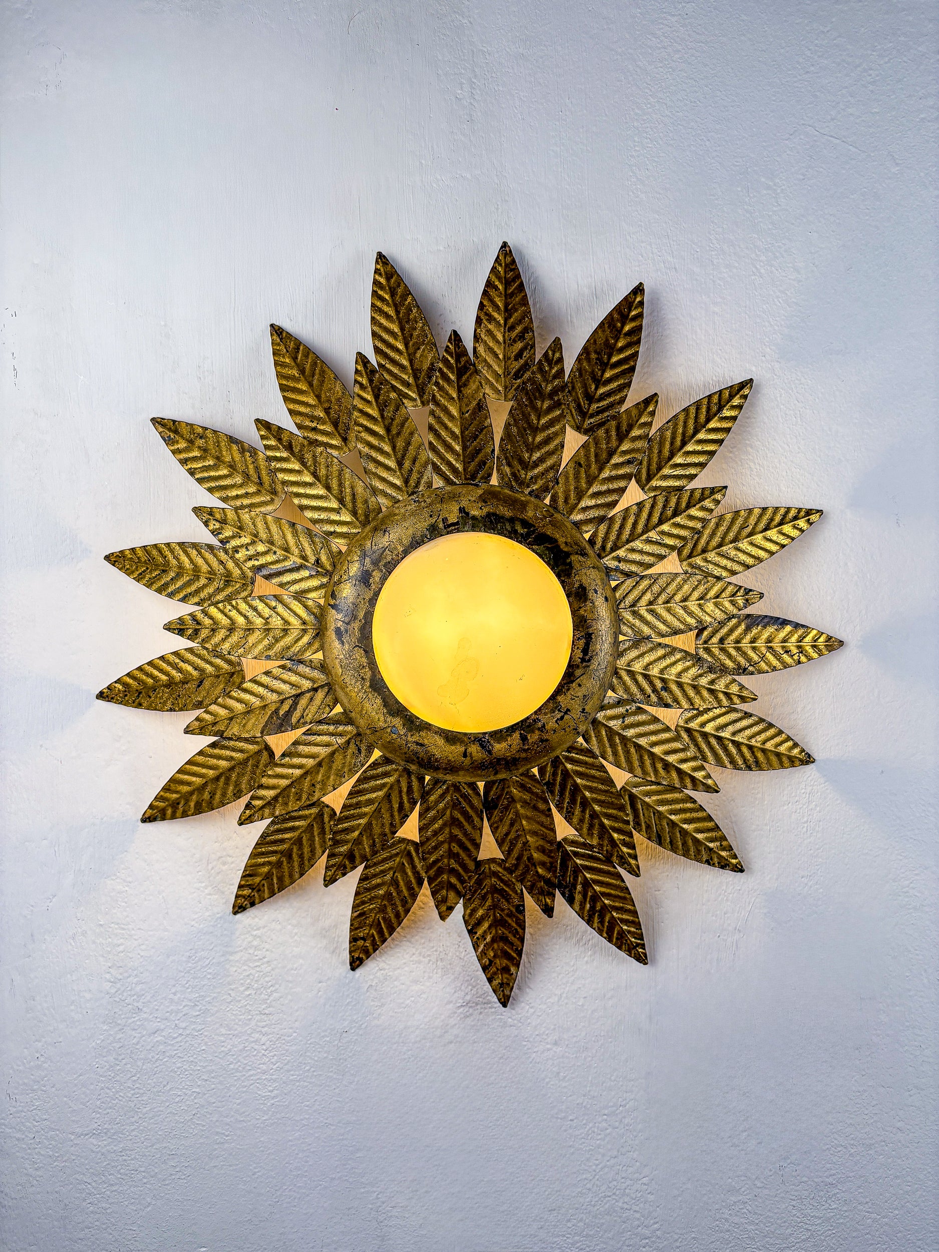 Flower Sunburst Ceiling Light Fixture, Gold Leaf Gilt Iron & Milk Glass, Spain, 1950s