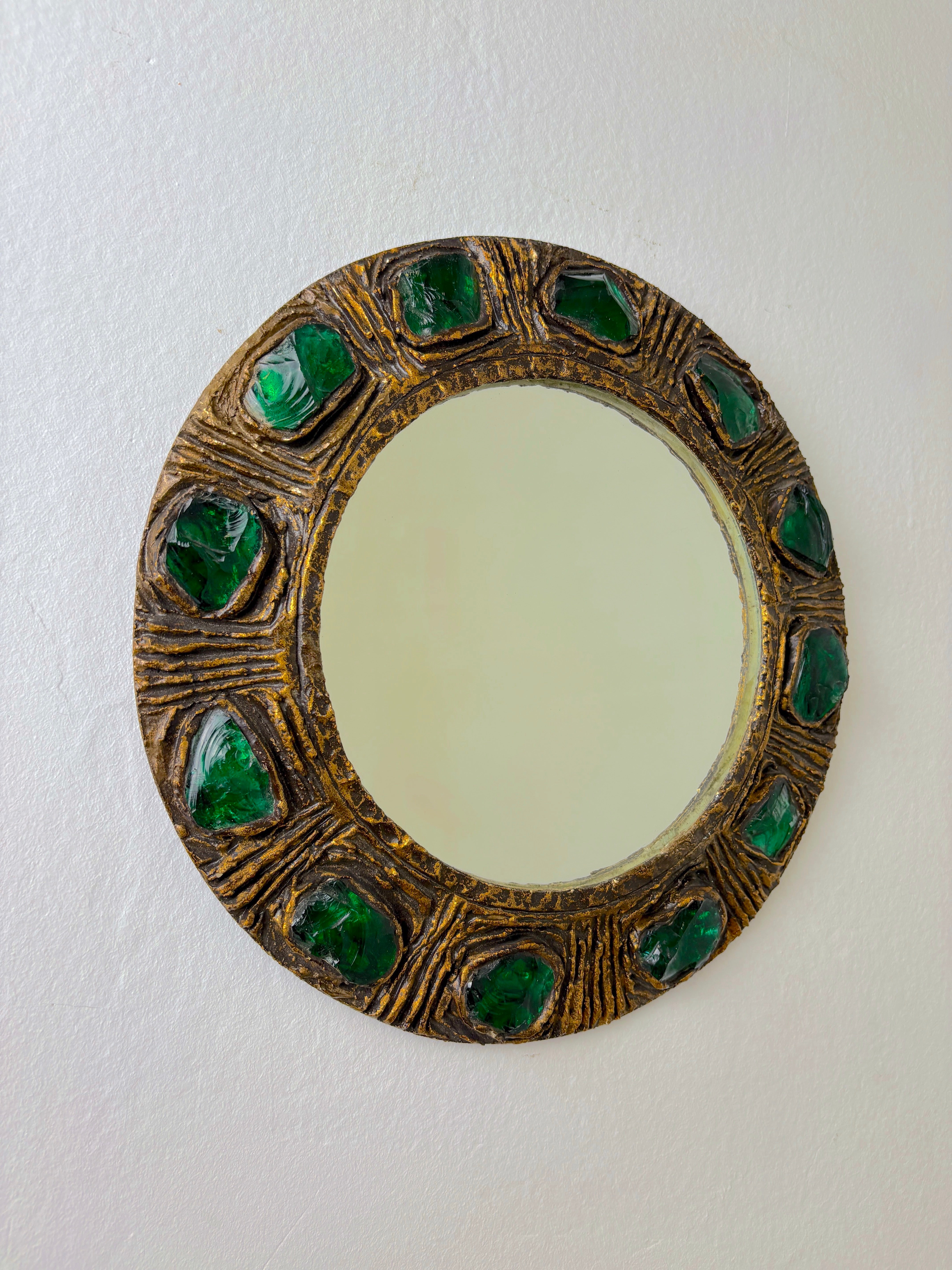 Italian Mid-Century Mirror by Creaciones Gobesso, Green Murano Rock Crystals, 1960s