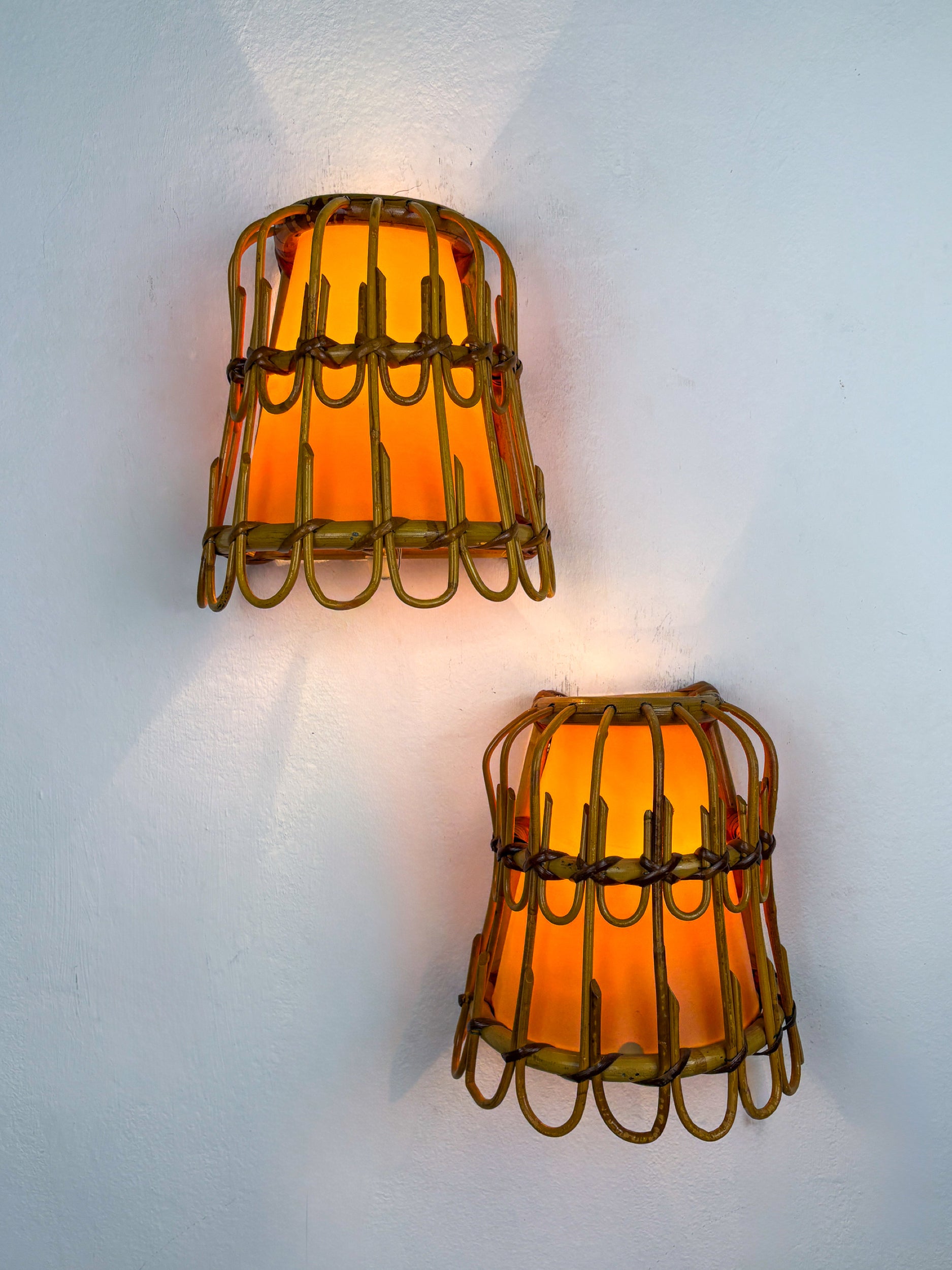 Pair of Mid-Century Rattan Wall Sconces, Italy, circa 1960s