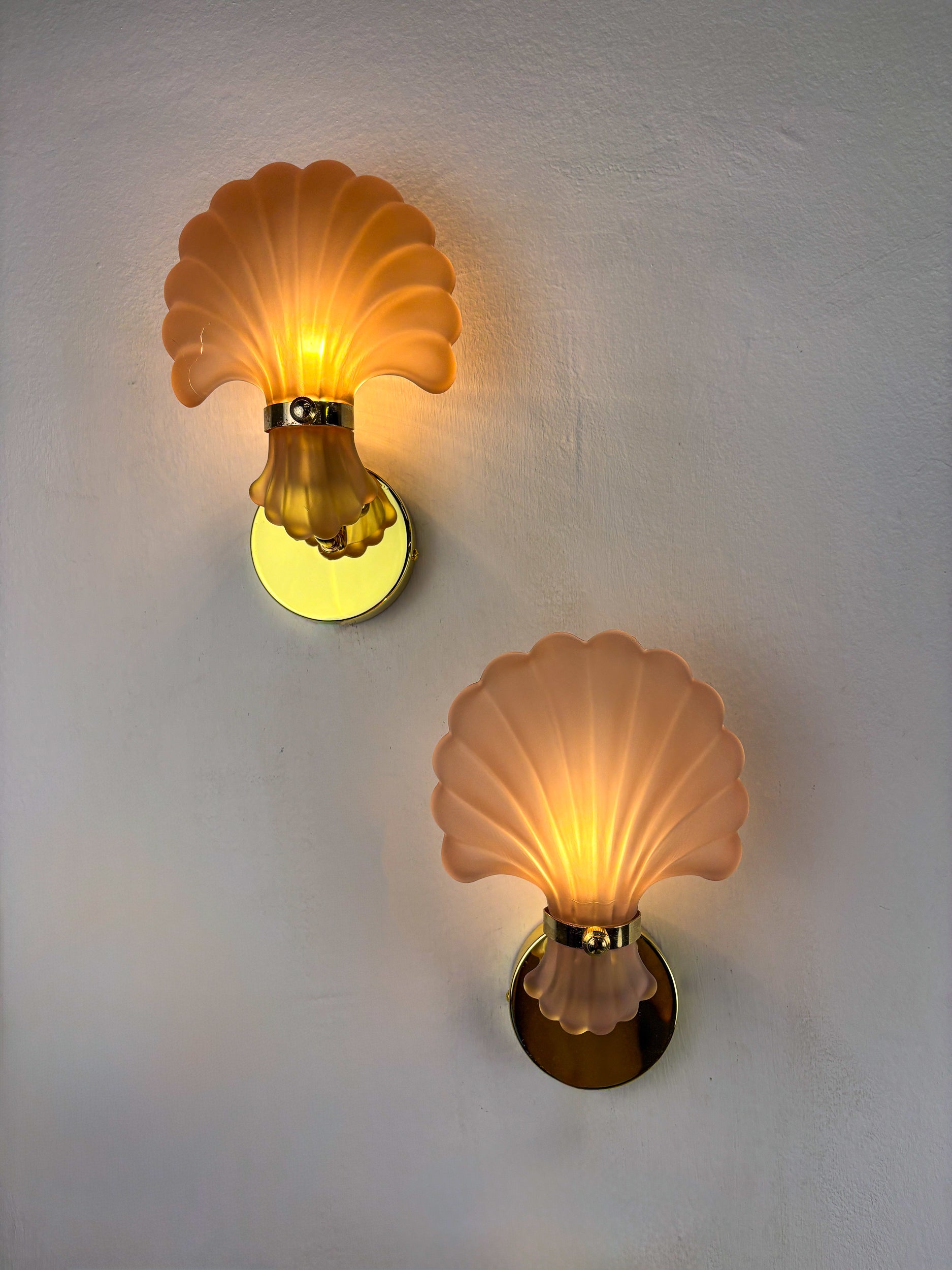 Pair of Art Deco Shell Wall Sconces – White frosted Glass, France 1970s