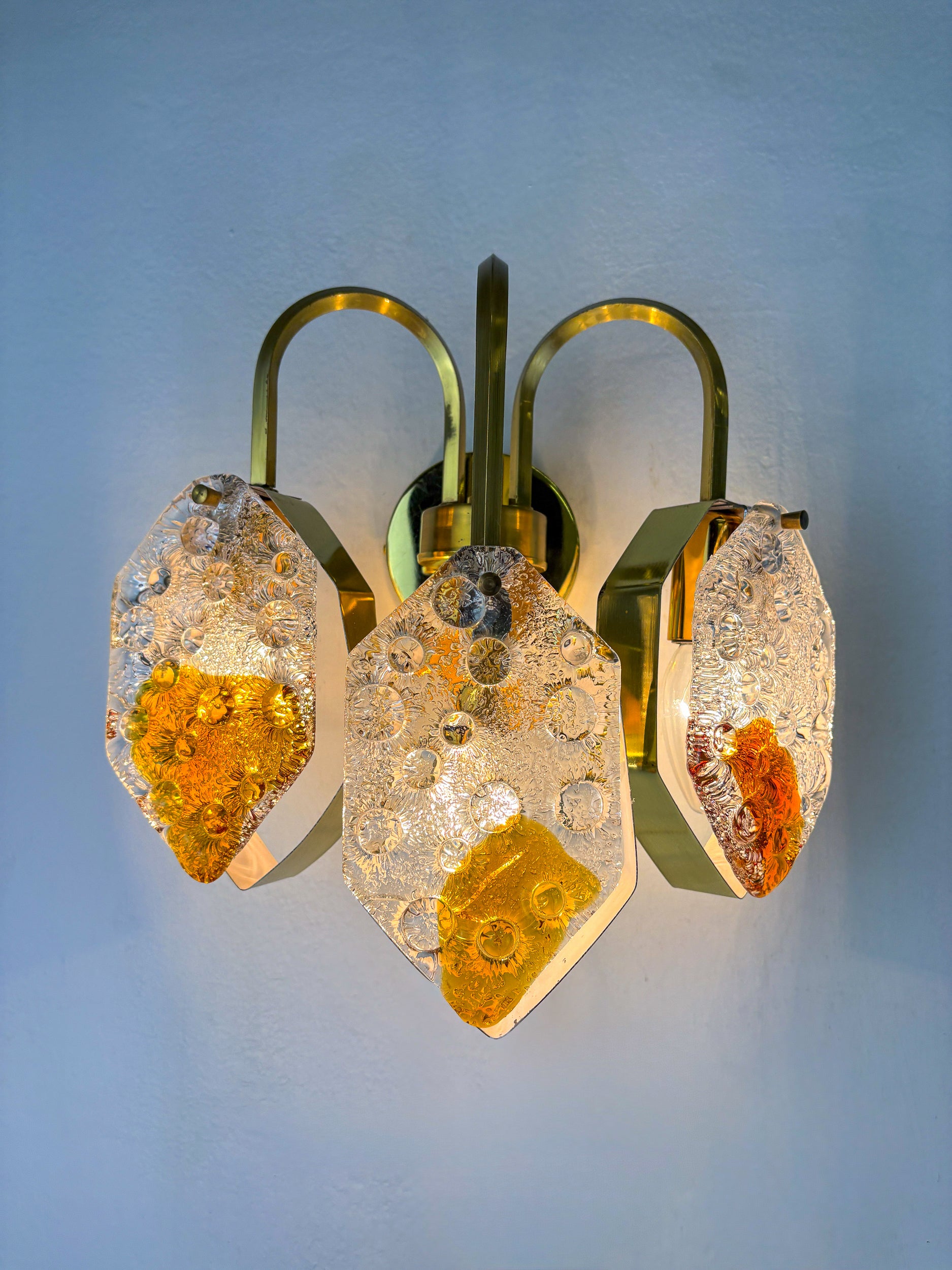 Murano Mazzega 3-arm geometric wall light, orange & clear glass, Italy 1970s
