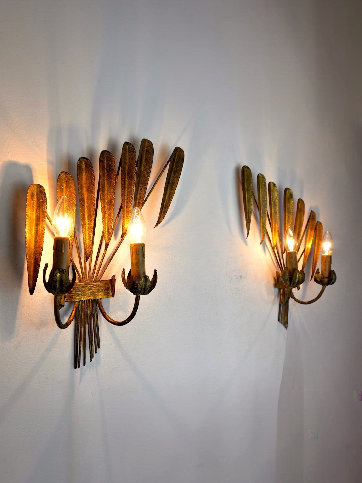 Large Pair of Gilt Metal Floral Wall Sconces, Italy, 1950s