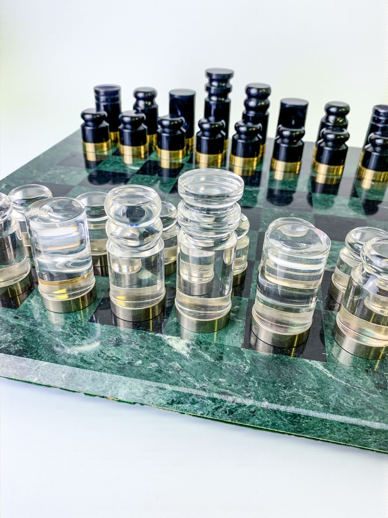 Acrylic & Gilt Brass Chess Set with Marble Board, Italy, 1970s