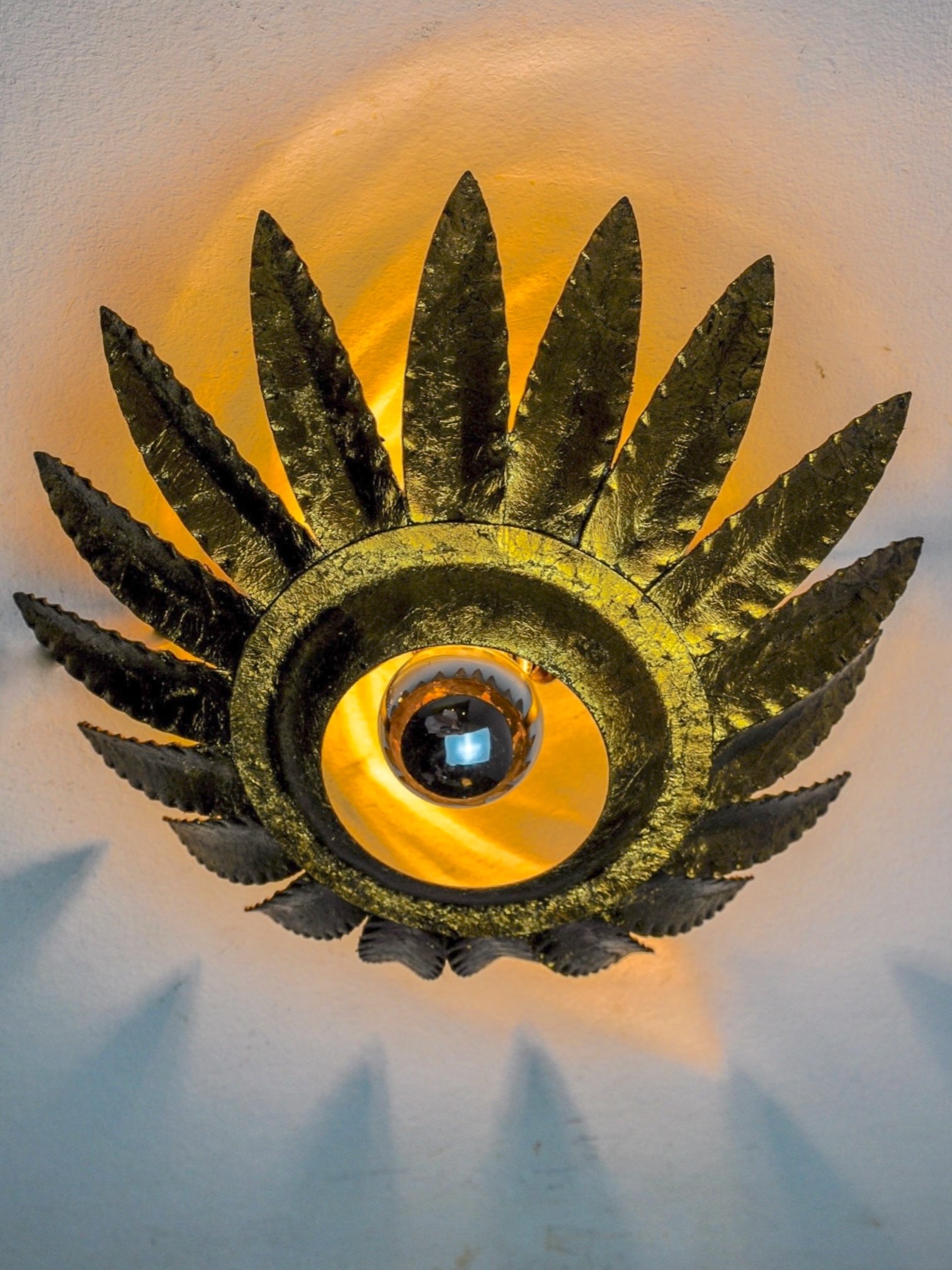 Sunburst Ceiling Light in Gilt Metal and Gold Leaf by Ferro Arte, Spain, 1960