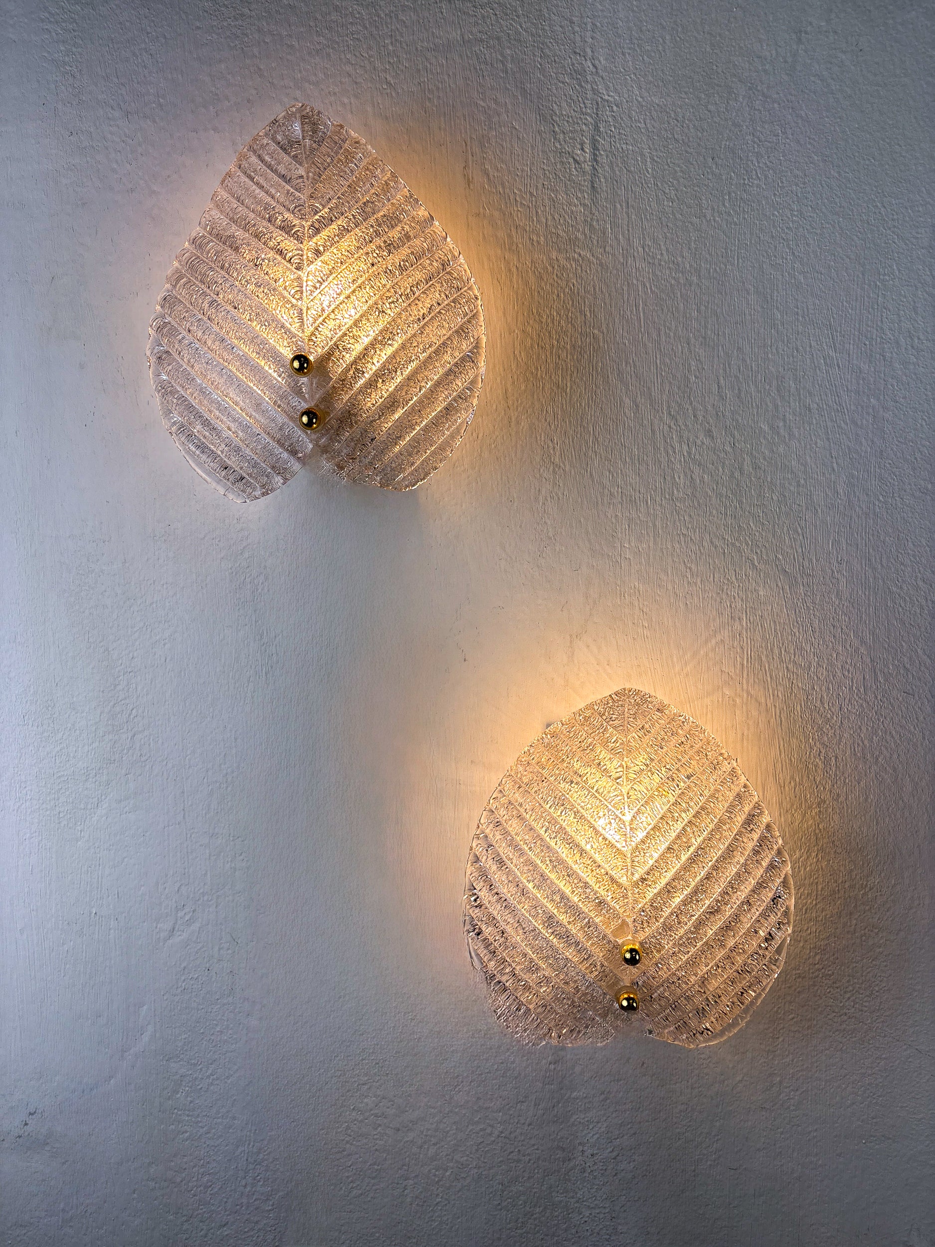 Pair of Murano Frosted Leaf Sconces, Textured Glass & Gilt details, Italy, 1970
