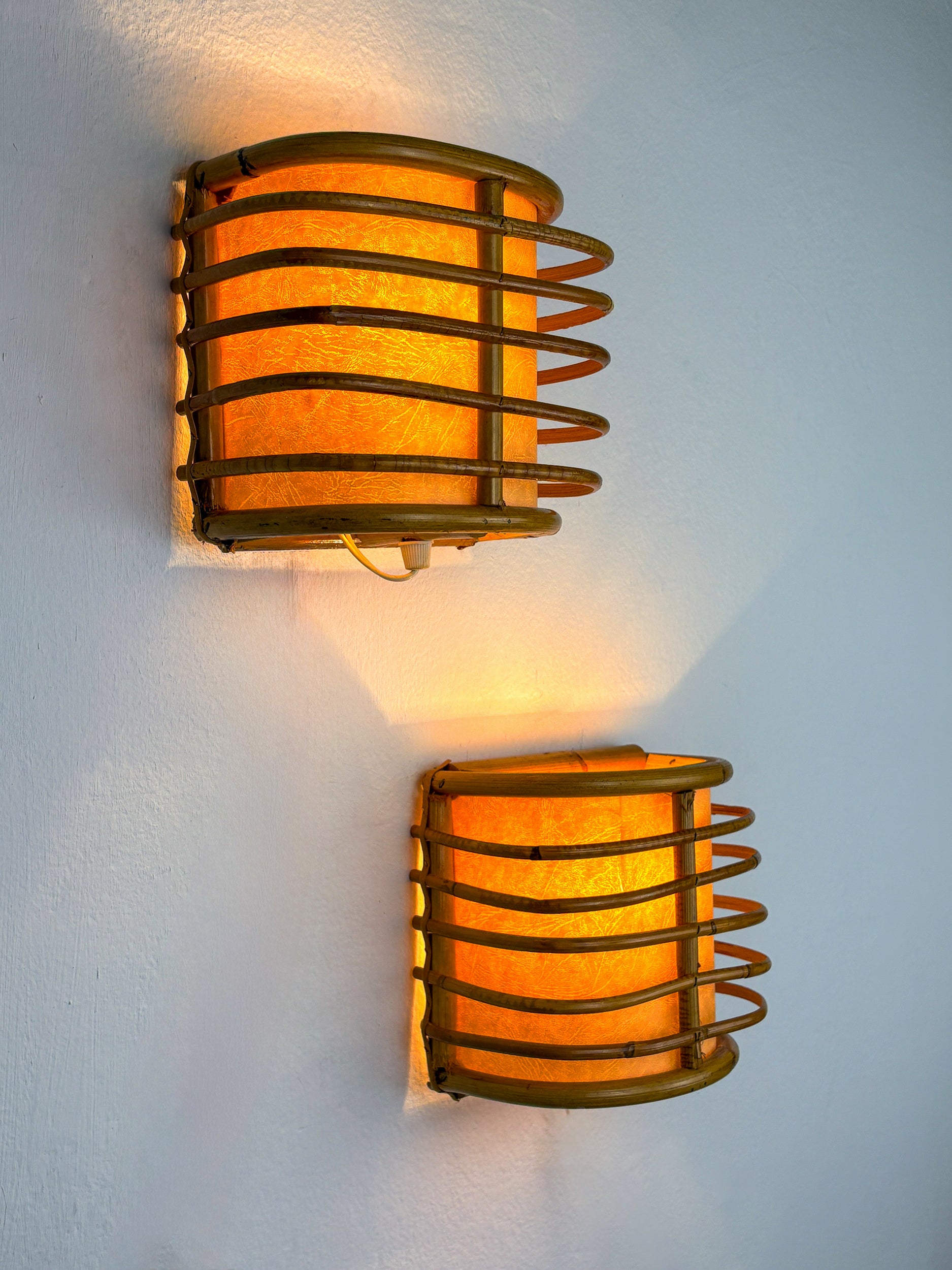 Pair of Mid-Century Rattan Wall Sconces, Circa 1960s, Italy