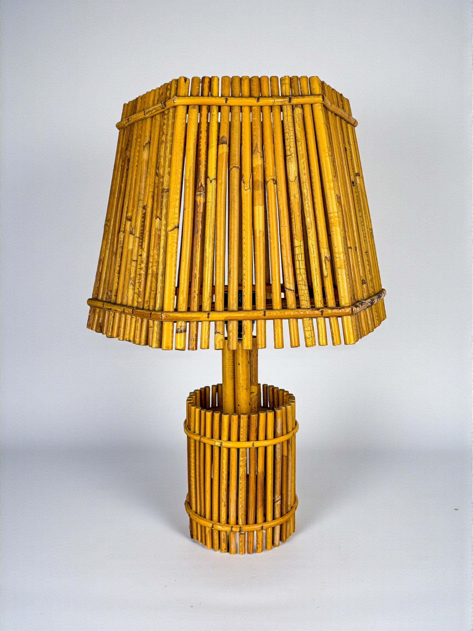 Pair of Large French Riviera Bamboo & Rattan Table Lamps, Louis Sognot's style, Circa 1960s