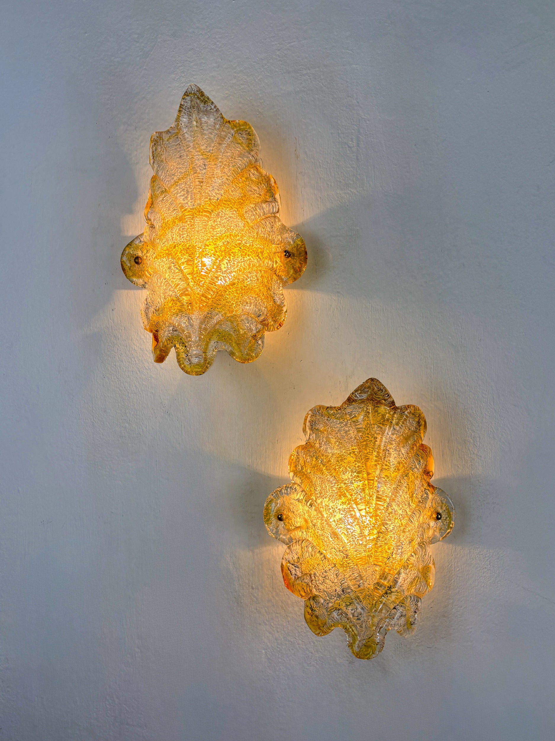 Pair of Orange Murano Frosted Leaf Sconces, Textured Glass & Gilt Details, Italy 1970s