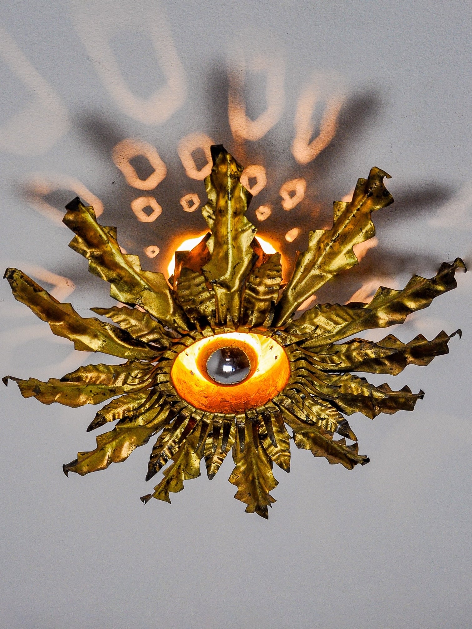 Brutalist Spanish Sunburst Ceiling Light, Gilt Metal Floral Rays, 1950s